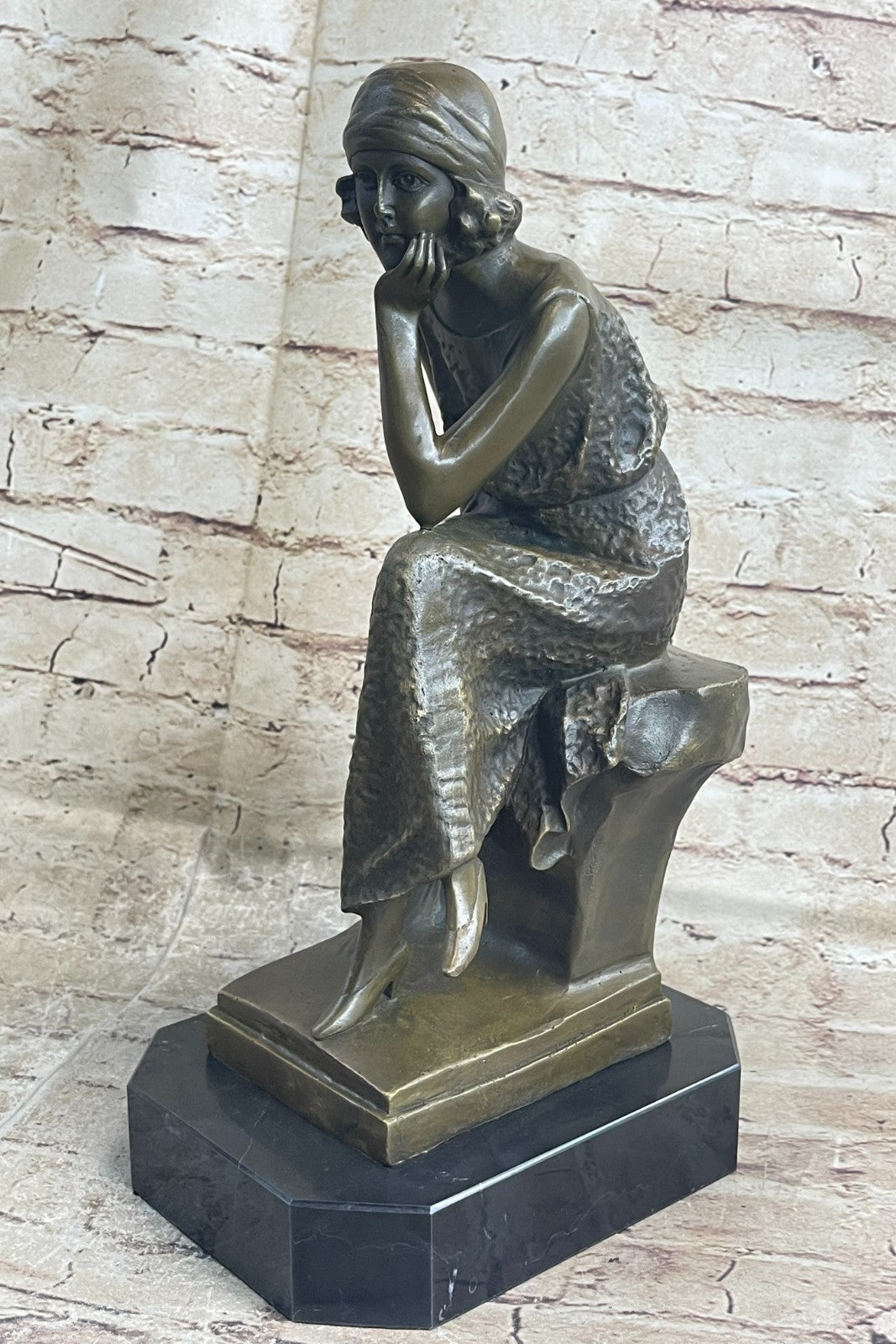 Woman Seated 100% Bronze Sculpture Figurine on Marble Base by Moreau