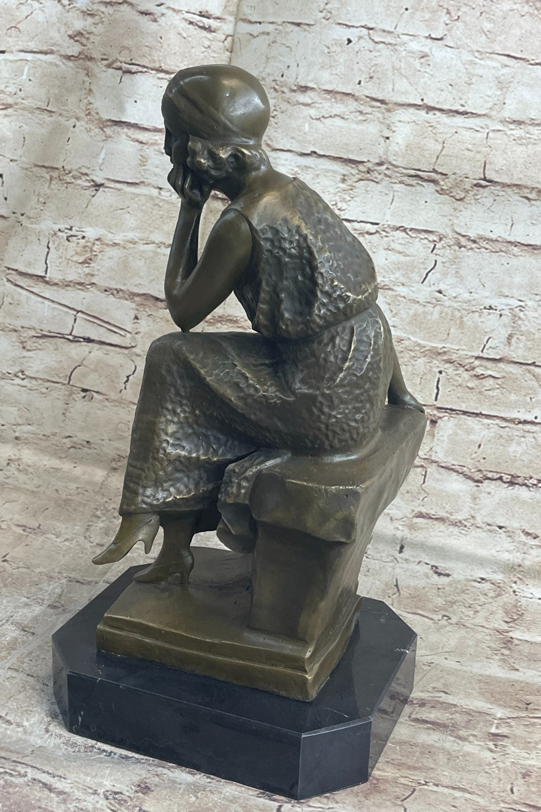 Woman Seated 100% Bronze Sculpture Figurine on Marble Base by Moreau