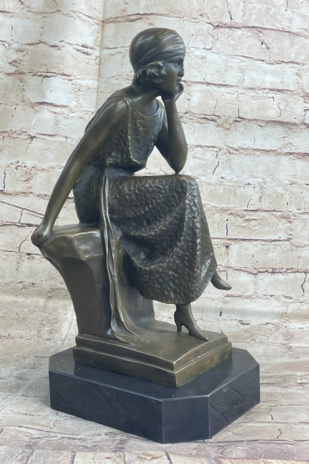 Woman Seated 100% Bronze Sculpture Figurine on Marble Base by Moreau
