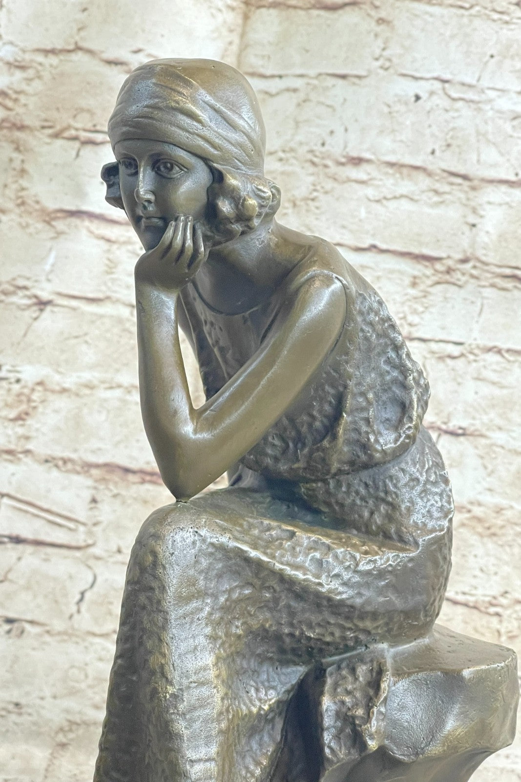 Woman Seated 100% Bronze Sculpture Figurine on Marble Base by Moreau