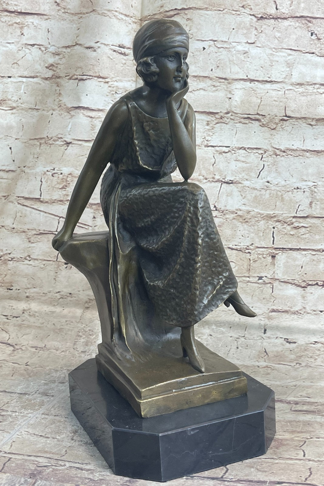 Woman Seated 100% Bronze Sculpture Figurine on Marble Base by Moreau