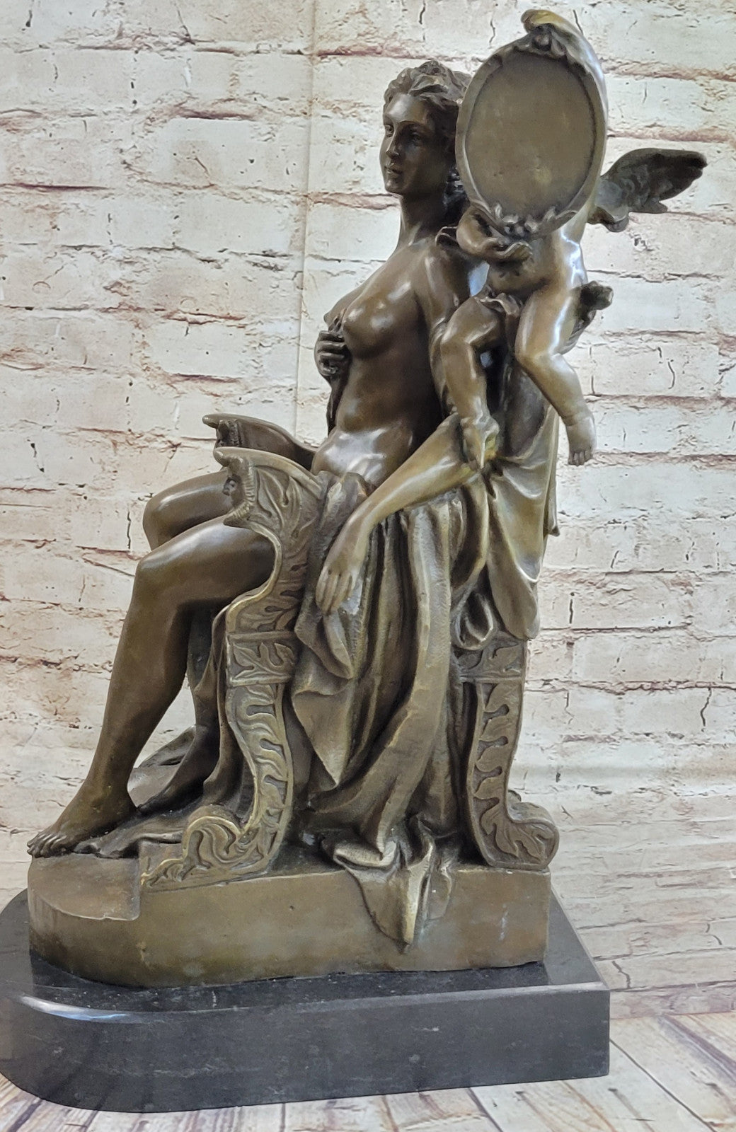 Art Deco Nude Female Bronze-Beautiful Venus with Angel Sculpture Decor Sale