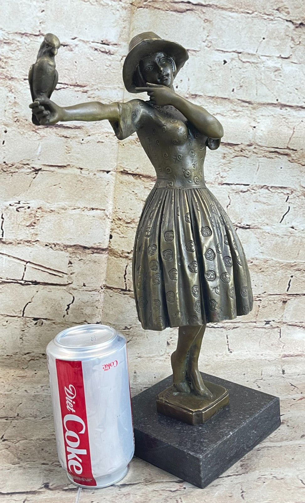 Nice Bronze Sculpture Lady with Bird Signed Original Gift Deco Hot Cast Figurine