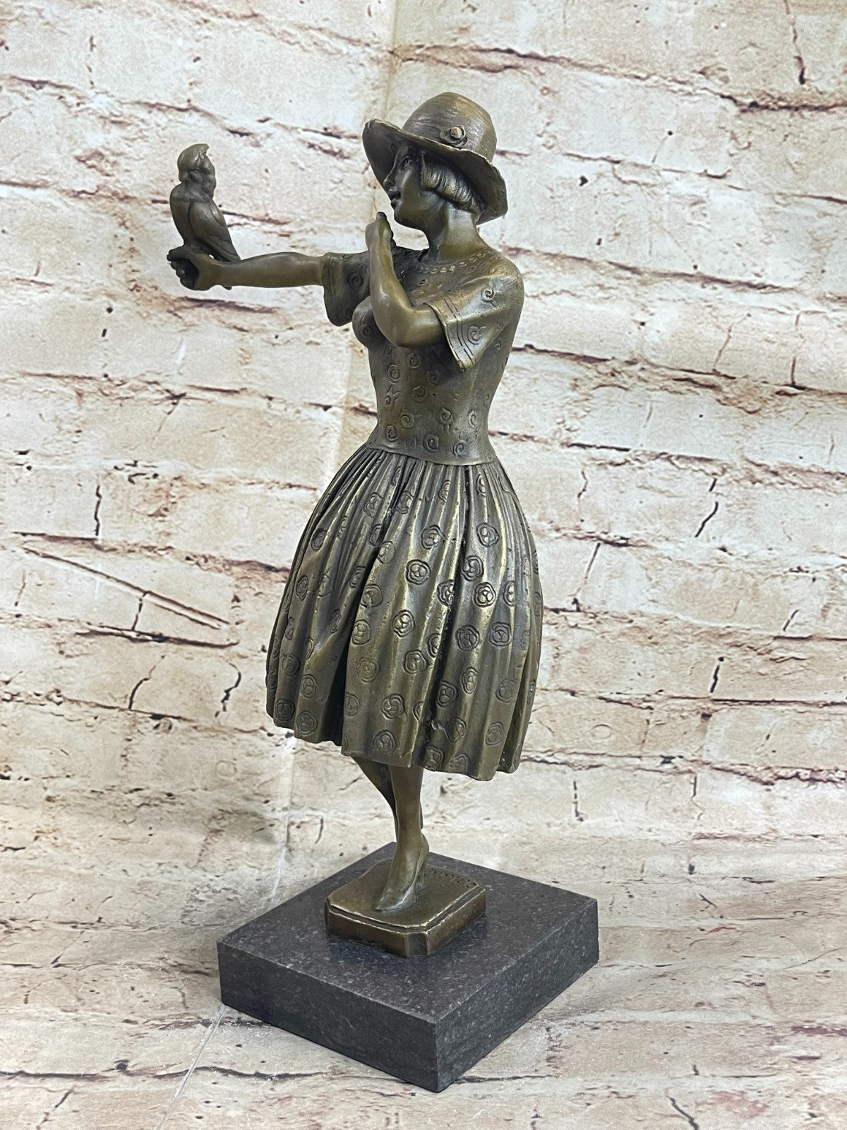 Nice Bronze Sculpture Lady with Bird Signed Original Gift Deco Hot Cast Figurine
