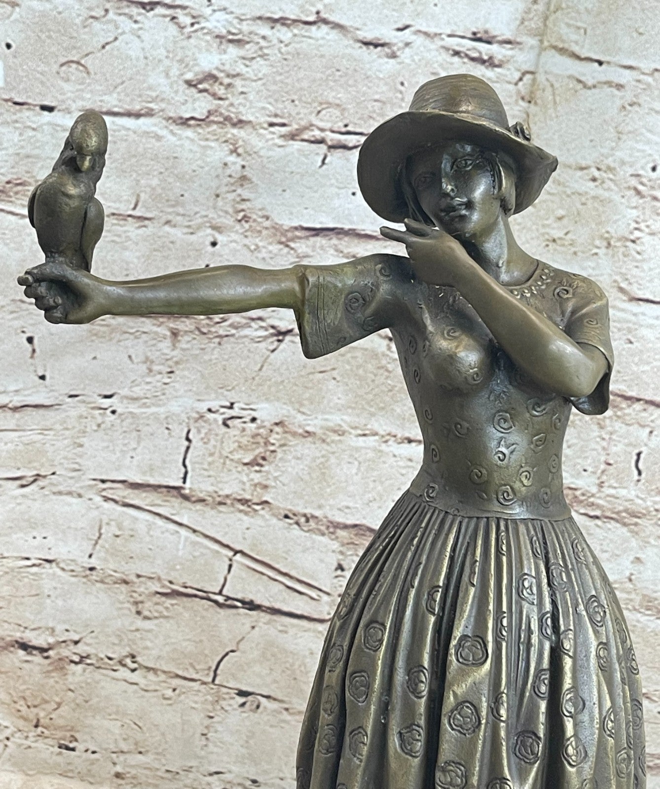 Nice Bronze Sculpture Lady with Bird Signed Original Gift Deco Hot Cast Figurine