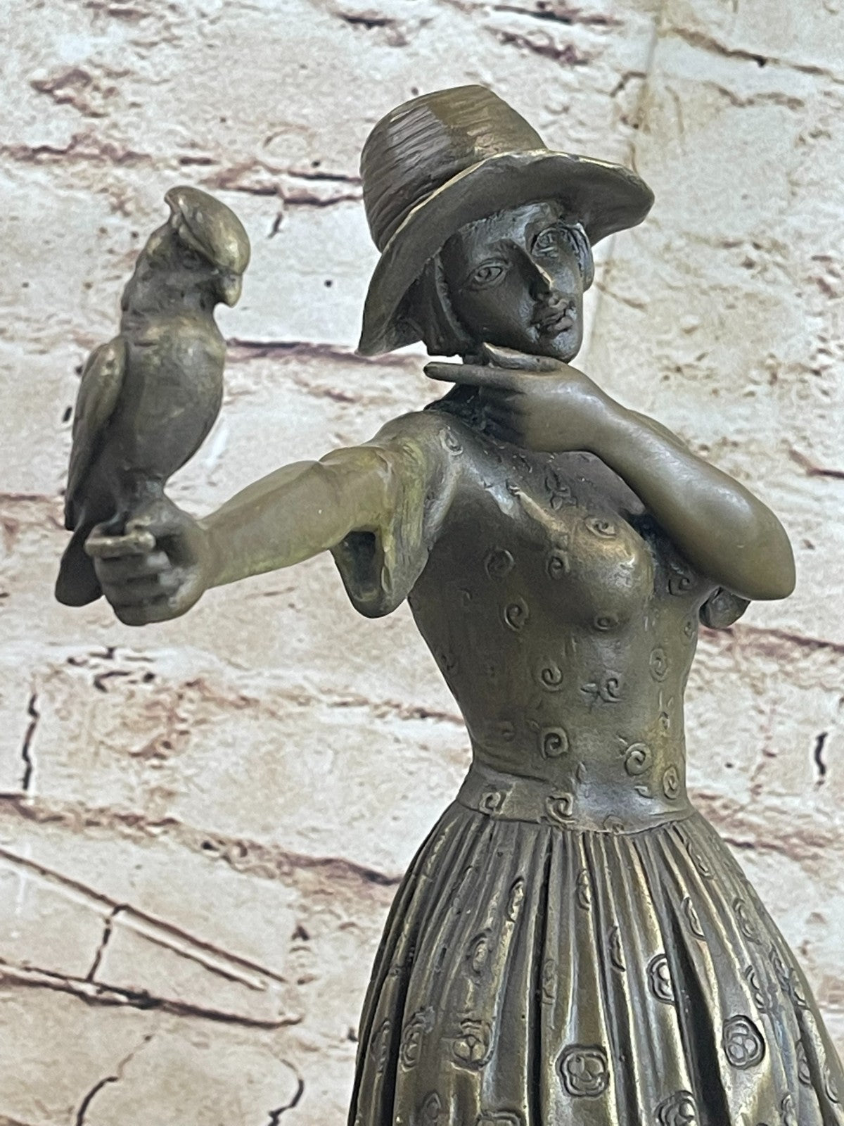 Nice Bronze Sculpture Lady with Bird Signed Original Gift Deco Hot Cast Figurine