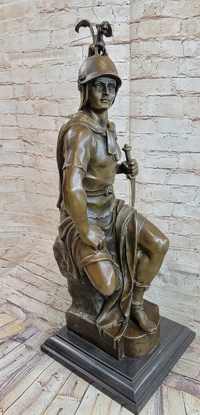 Roman Warrior Soldier Spear Shield Military Art Collector Bronze Marble Statue