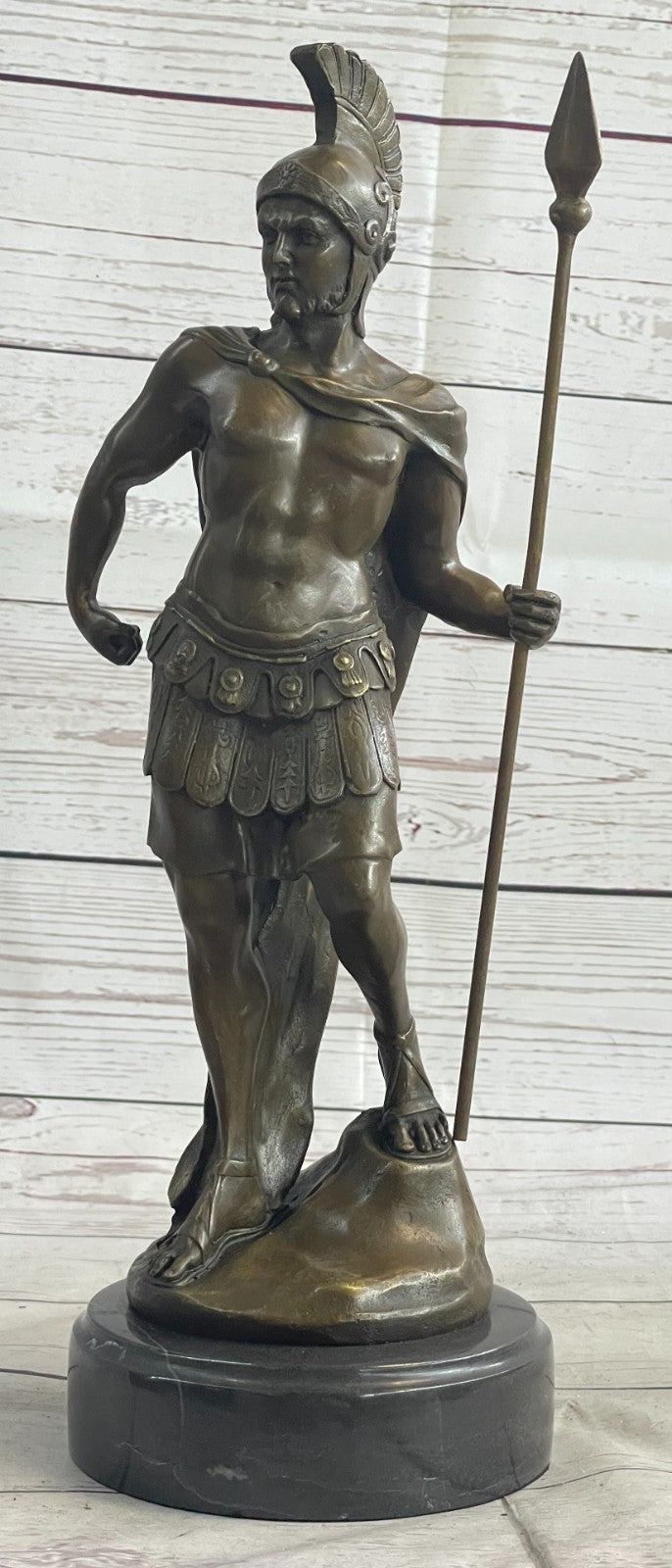 15" Western Art sculpture Pure Bronze Marble Roman Warrior Statue Figurine