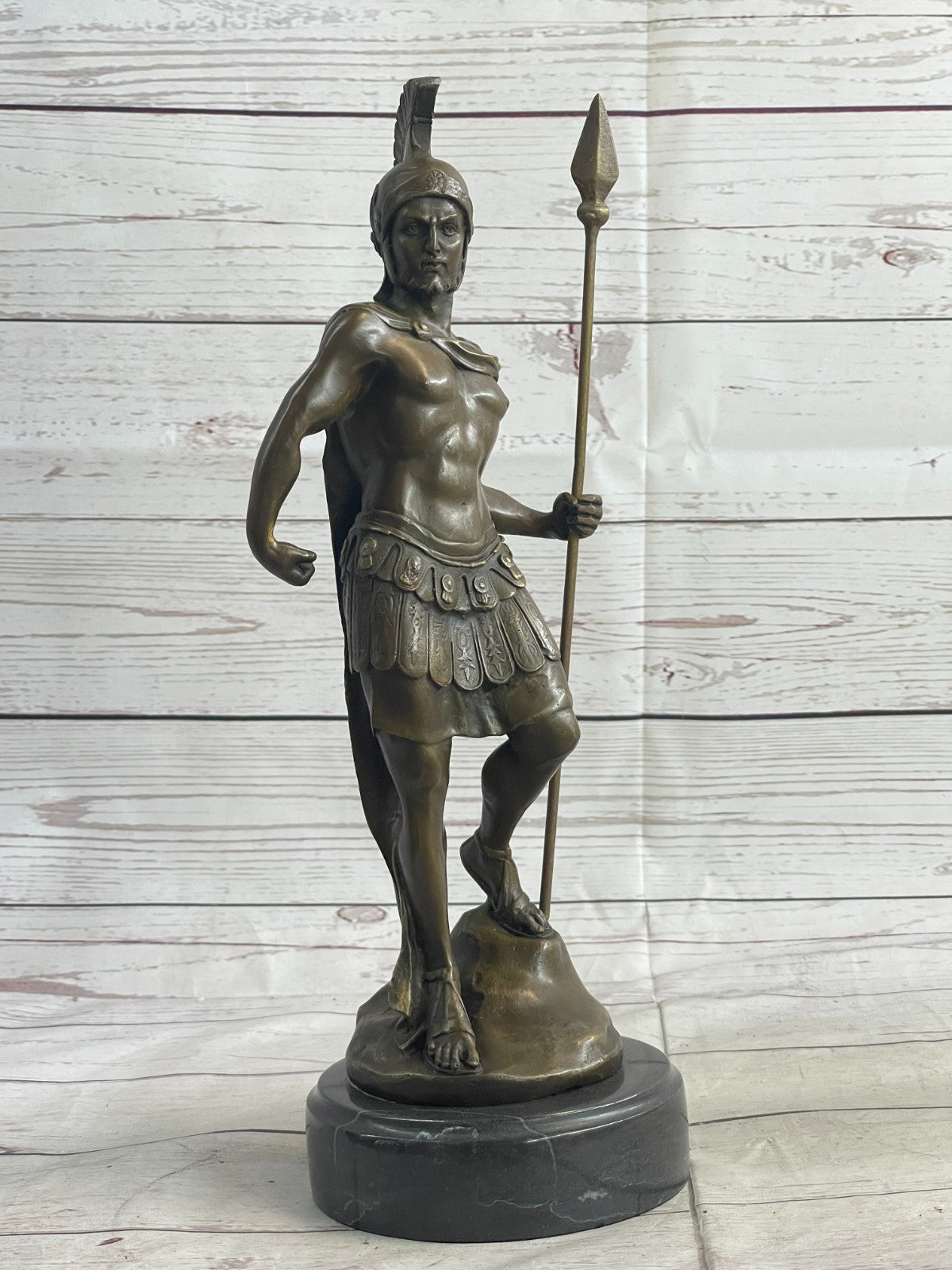 15" Western Art sculpture Pure Bronze Marble Roman Warrior Statue Figurine