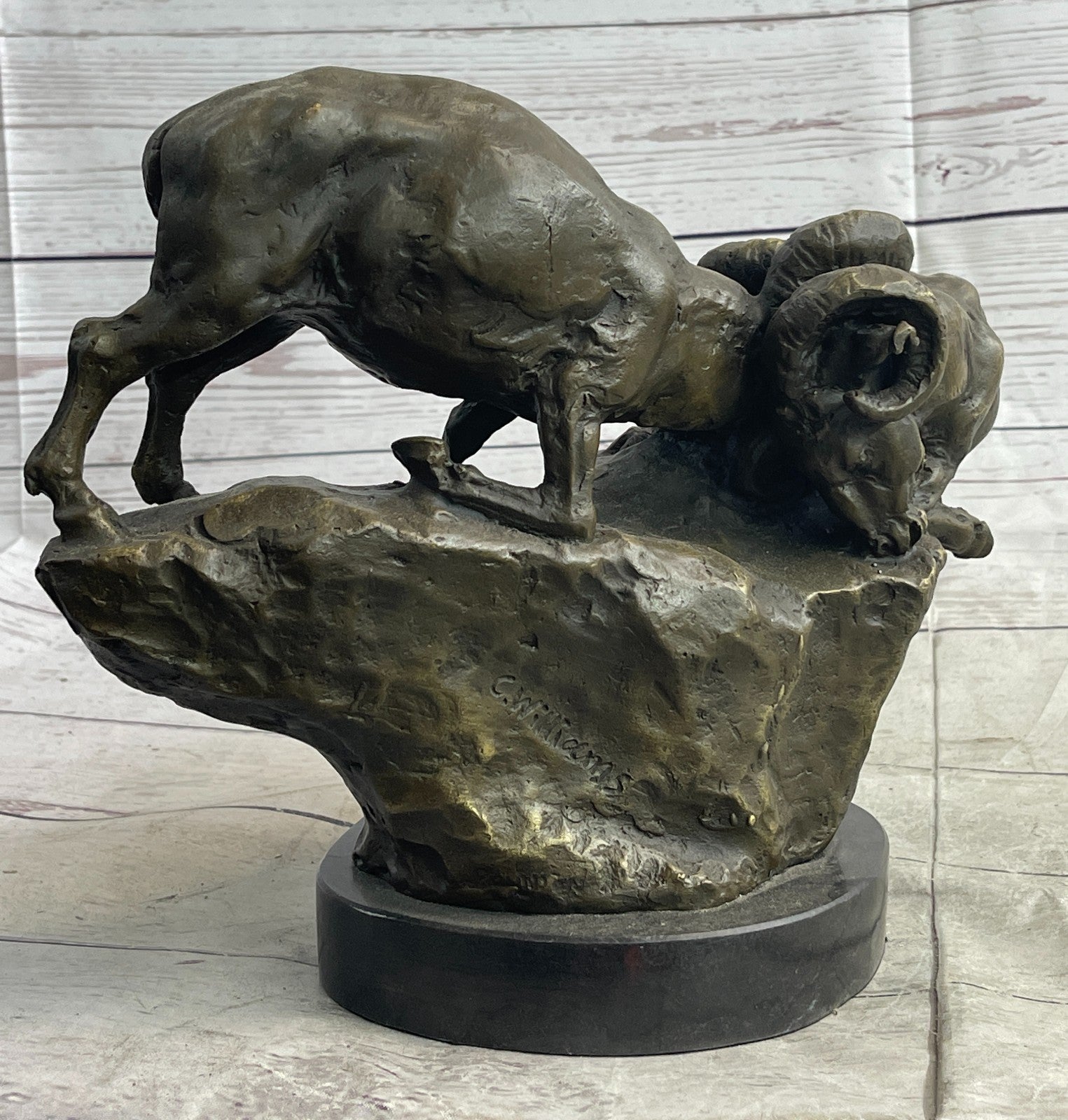 Handcrafted bronze sculpture SALE Base Marble Rams Two Between Confrontation