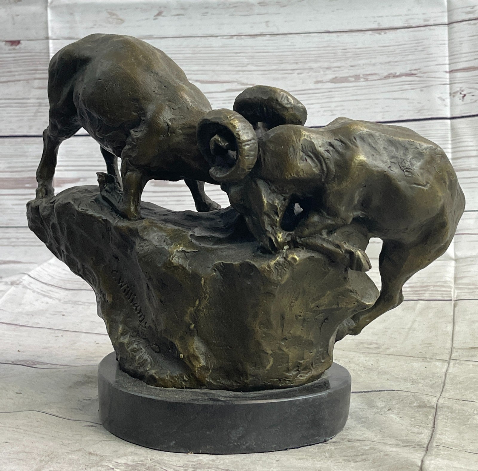 Handcrafted bronze sculpture SALE Base Marble Rams Two Between Confrontation
