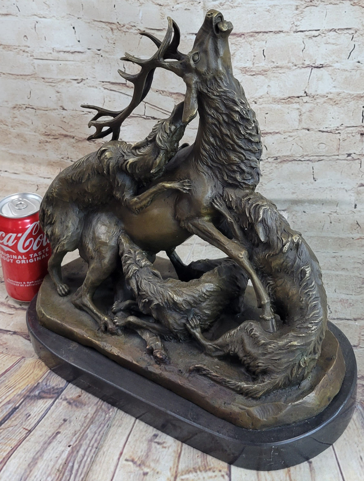 Signed Barye Elk Stag is Attacked by Pack of Wild Dogs Bronze Sculpture Statue