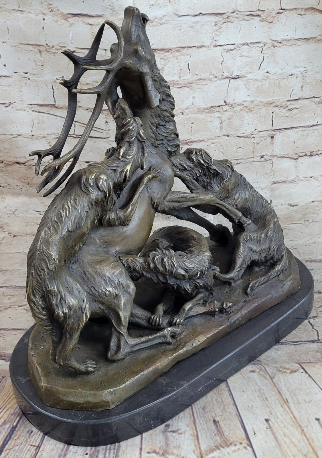 Signed Barye Elk Stag is Attacked by Pack of Wild Dogs Bronze Sculpture Statue