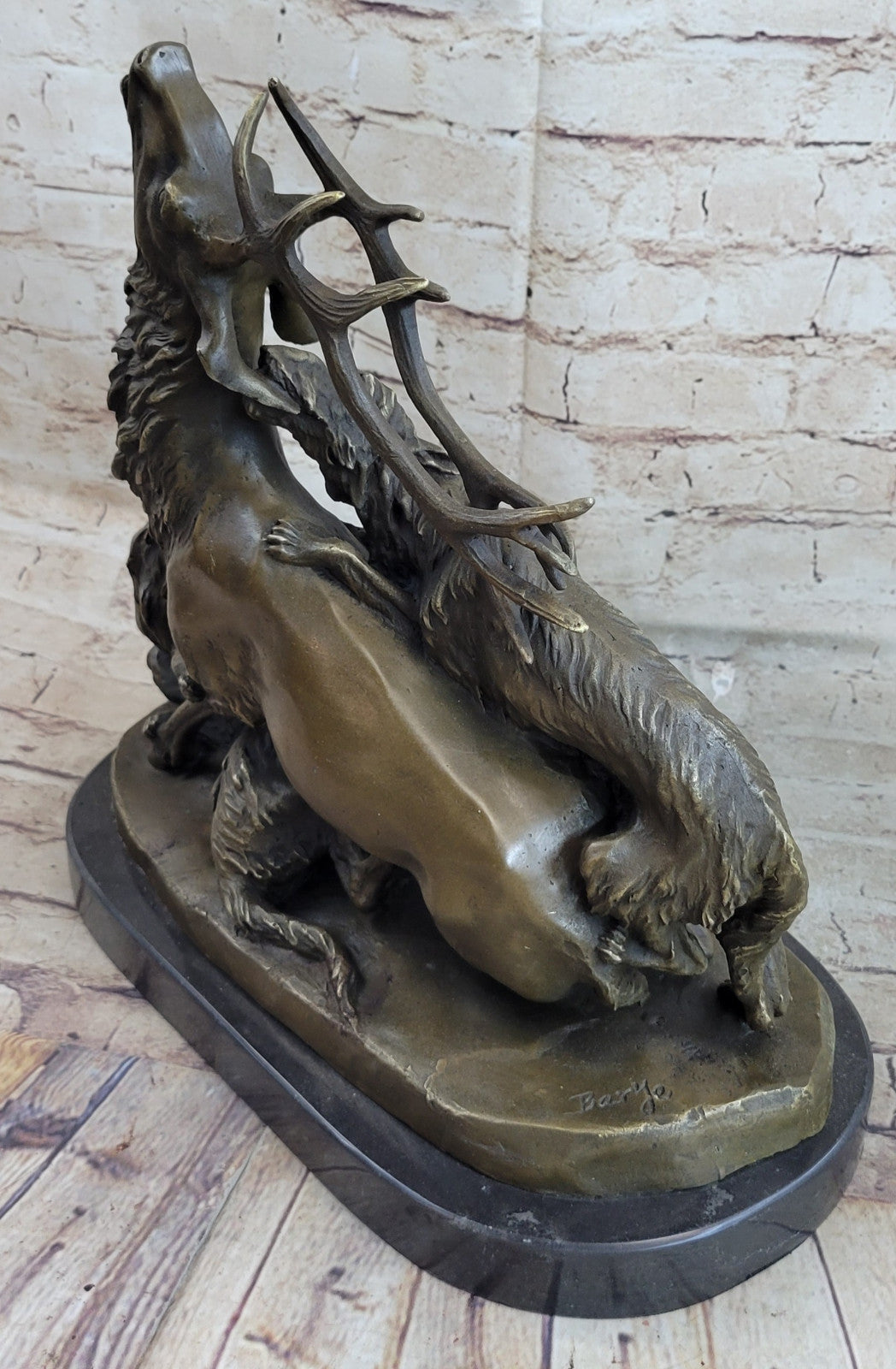 Signed Barye Elk Stag is Attacked by Pack of Wild Dogs Bronze Sculpture Statue