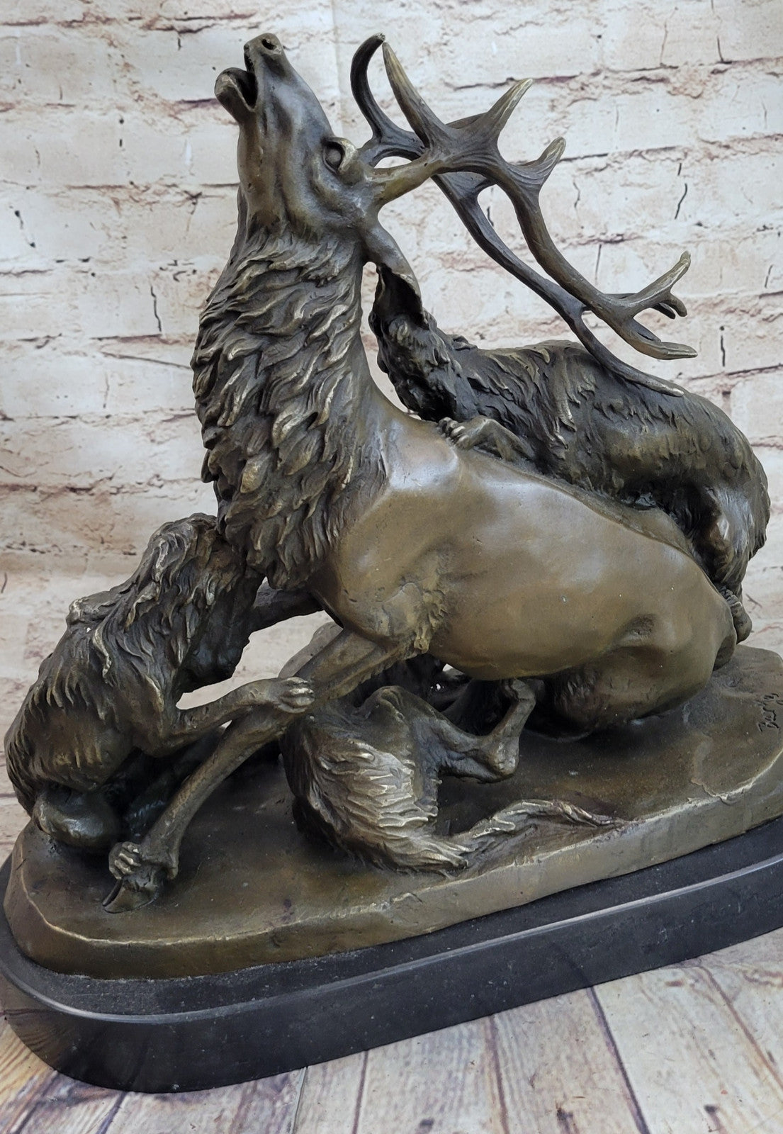 Signed Barye Elk Stag is Attacked by Pack of Wild Dogs Bronze Sculpture Statue