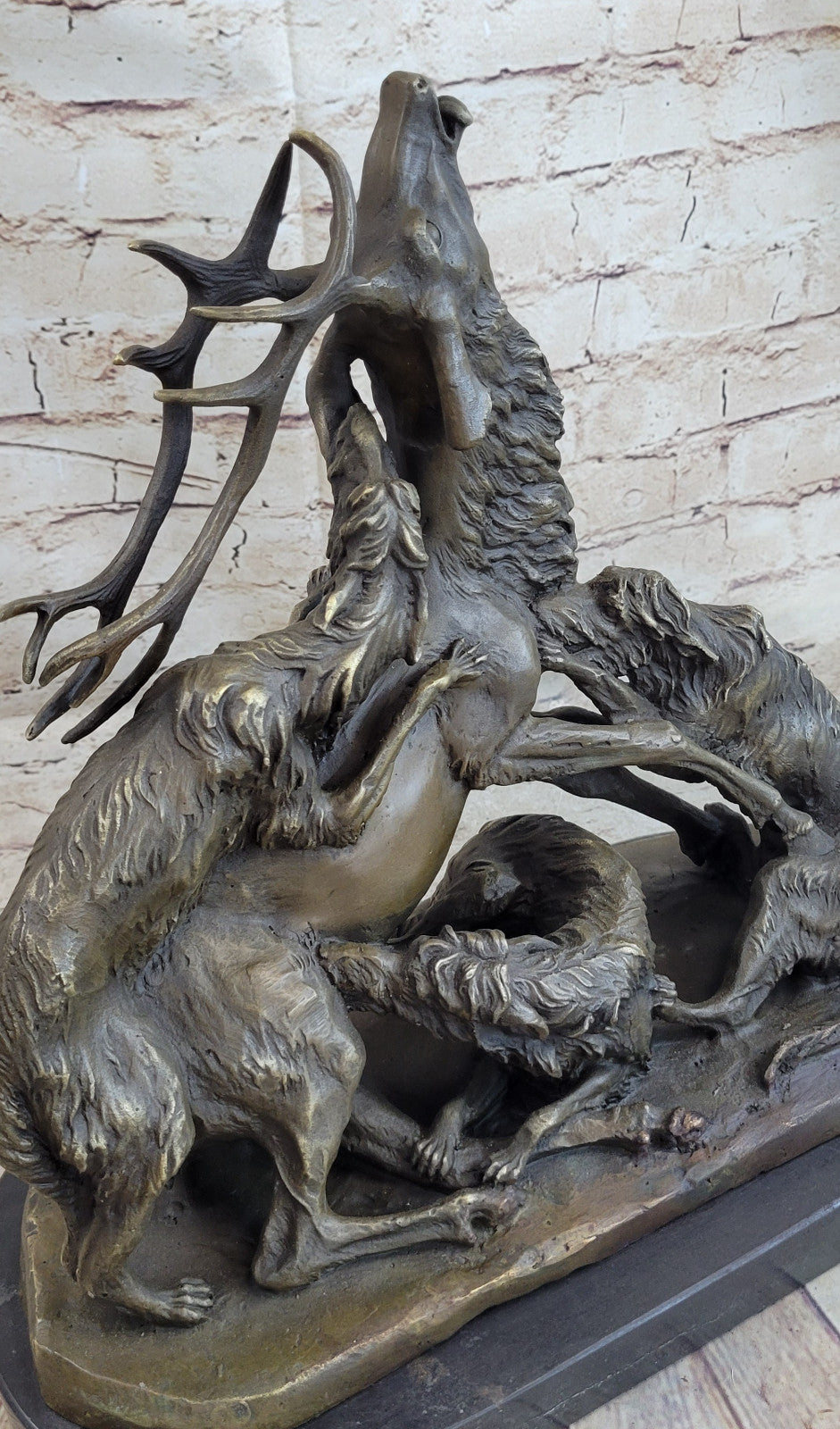 Signed Barye Elk Stag is Attacked by Pack of Wild Dogs Bronze Sculpture Statue