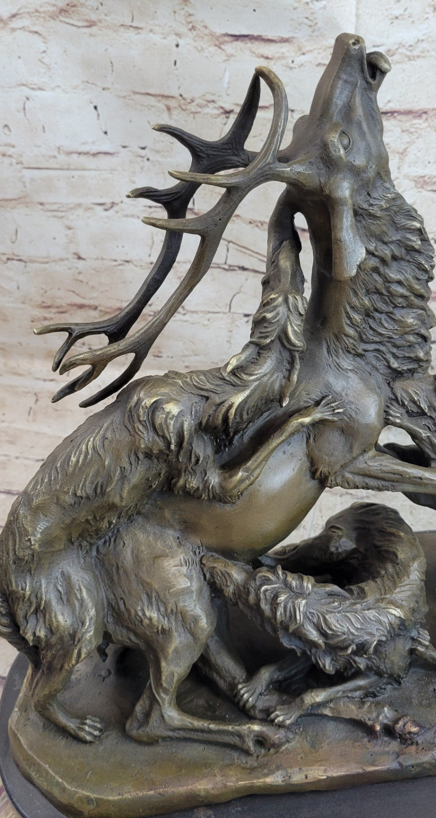 Signed Barye Elk Stag is Attacked by Pack of Wild Dogs Bronze Sculpture Statue