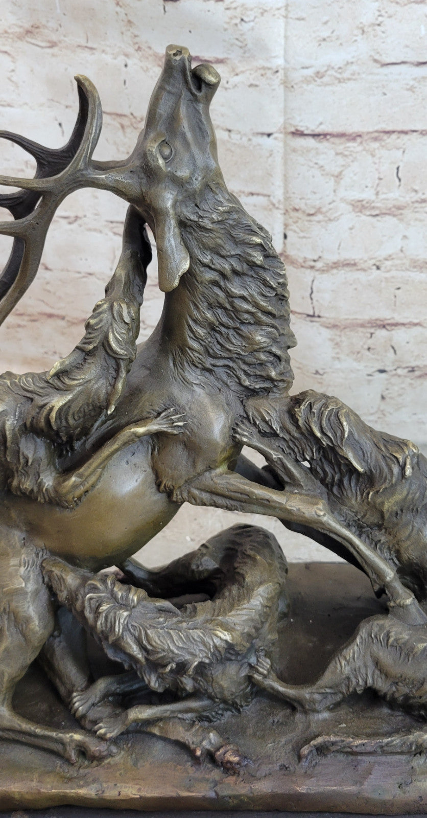Signed Barye Elk Stag is Attacked by Pack of Wild Dogs Bronze Sculpture Statue