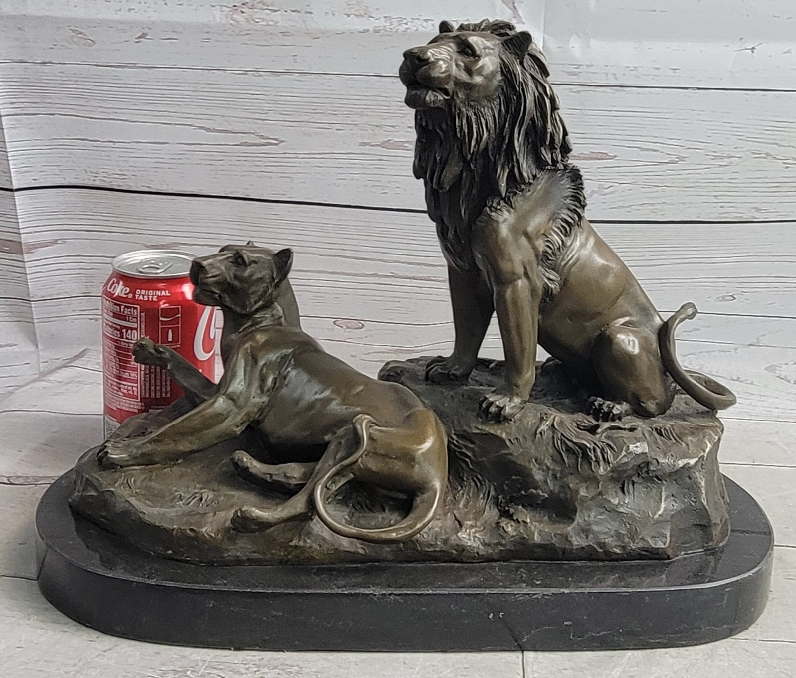 Roaring Male & Female Lions Lion Lioness Bronze Statue Sculpture Art Deco Decor