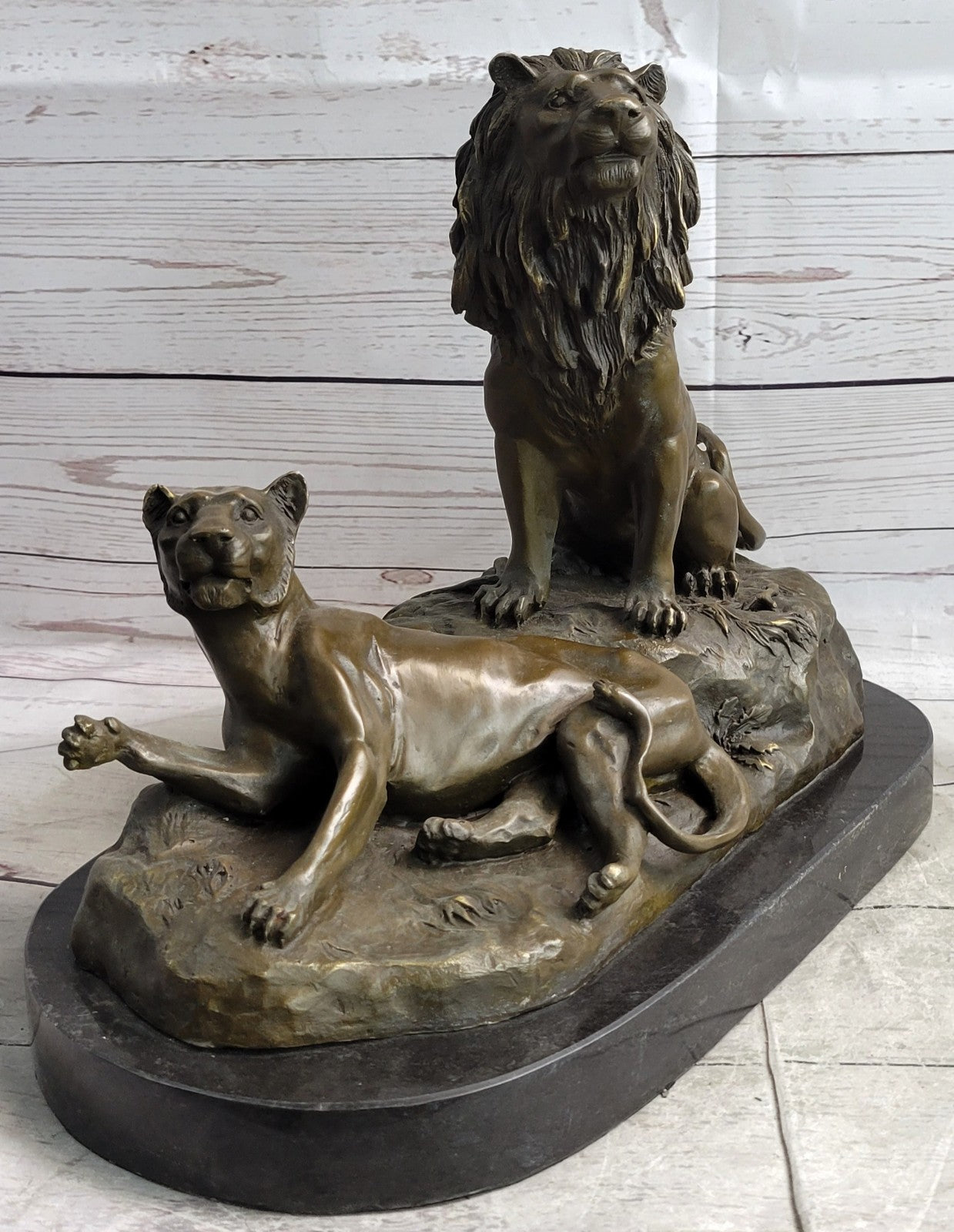 Roaring Male & Female Lions Lion Lioness Bronze Statue Sculpture Art Deco Decor