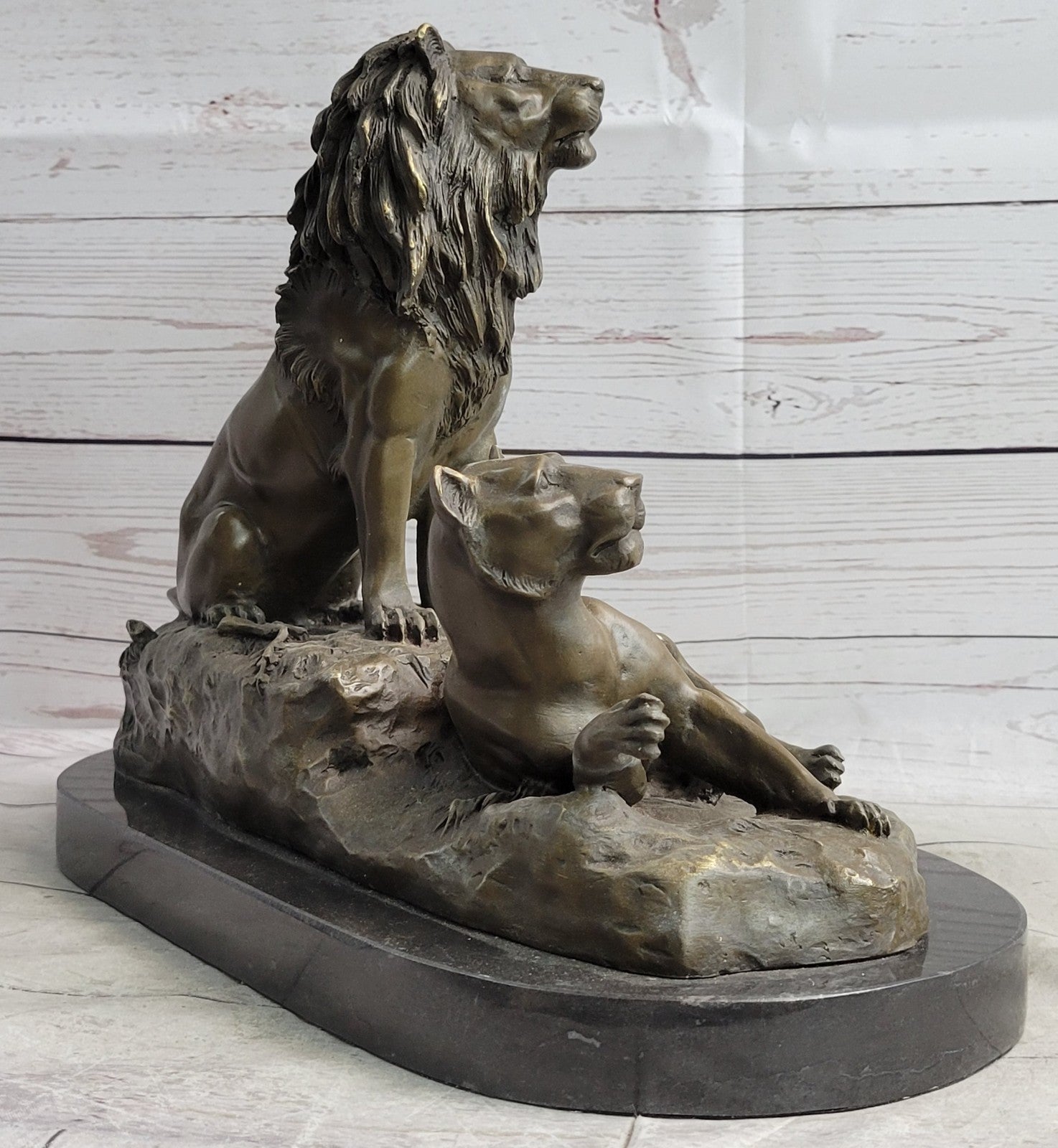 Roaring Male & Female Lions Lion Lioness Bronze Statue Sculpture Art Deco Decor