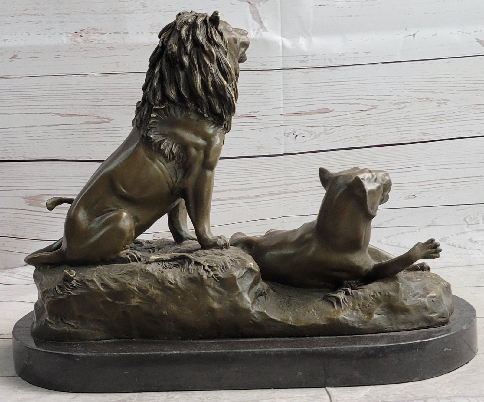 Roaring Male & Female Lions Lion Lioness Bronze Statue Sculpture Art Deco Decor