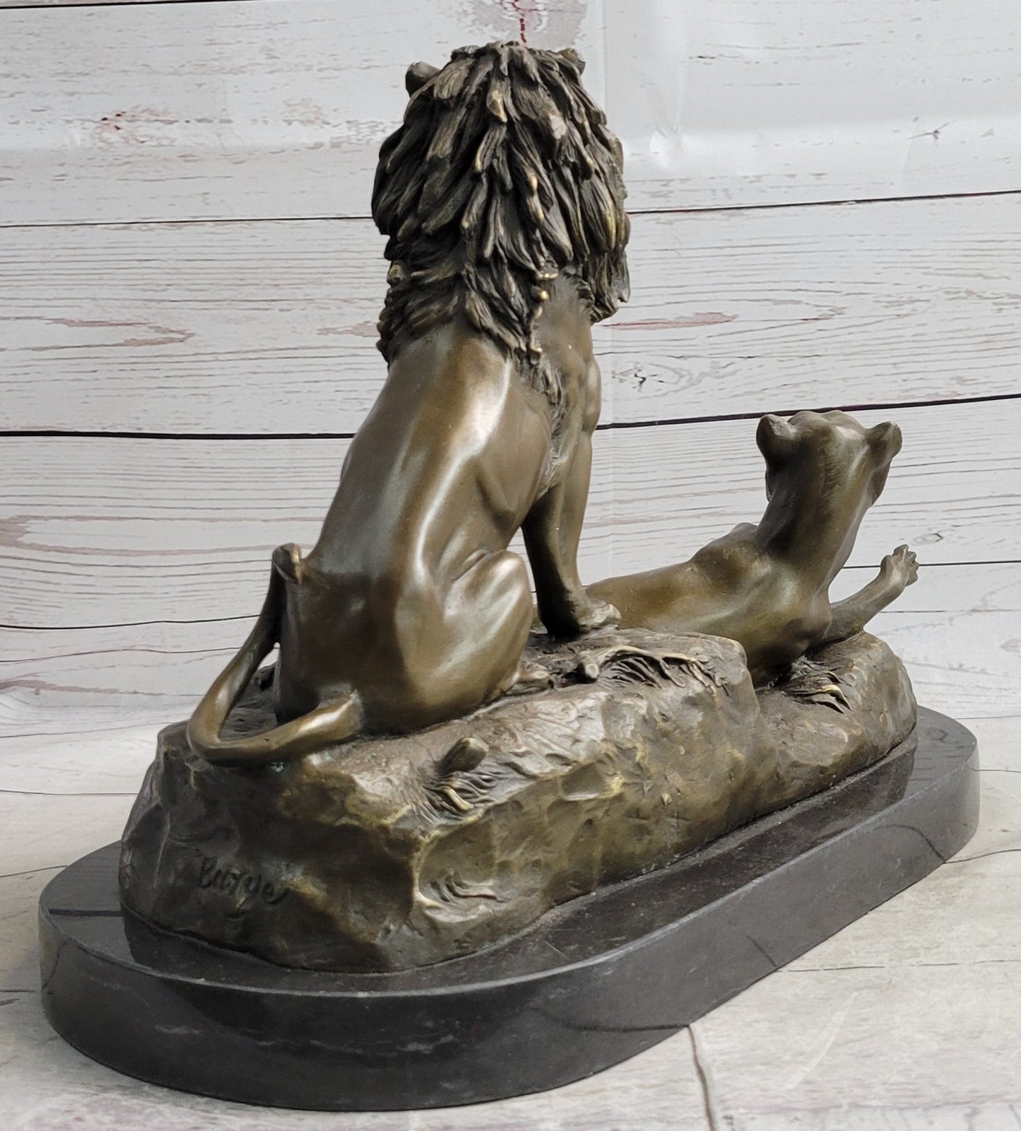 Roaring Male & Female Lions Lion Lioness Bronze Statue Sculpture Art Deco Decor