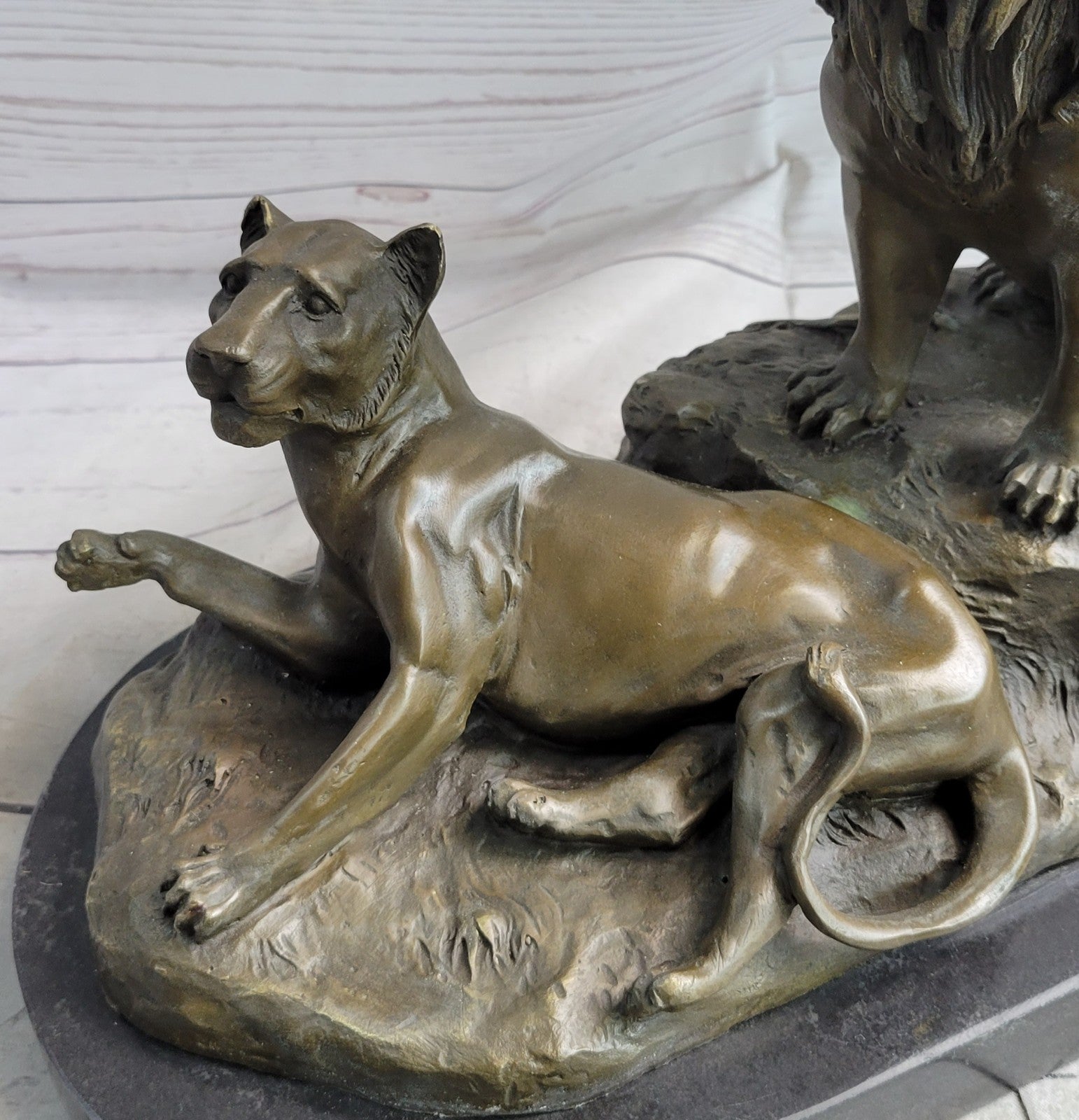 Roaring Male & Female Lions Lion Lioness Bronze Statue Sculpture Art Deco Decor