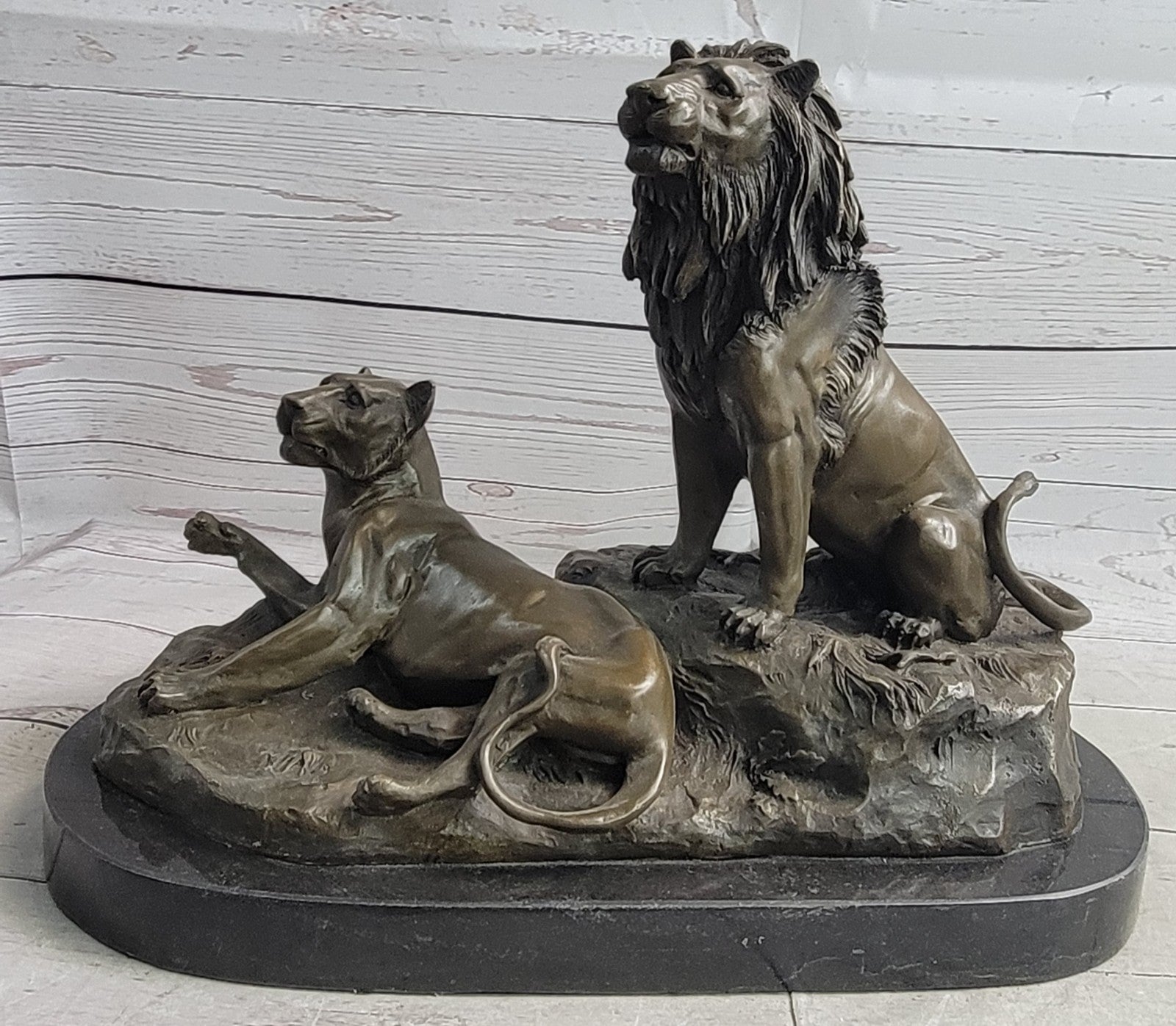 Roaring Male & Female Lions Lion Lioness Bronze Statue Sculpture Art Deco Decor