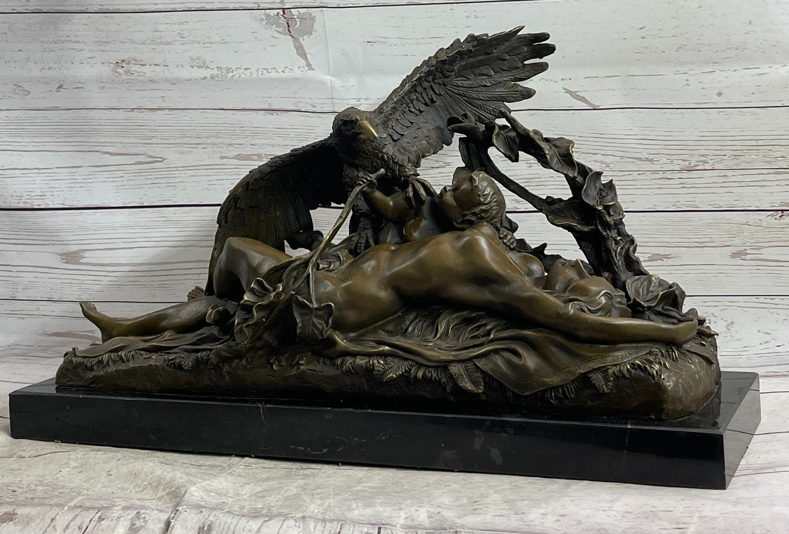 Handcrafted bronze sculpture Hawk Eagle Baby W/ Nude Girl Original Signed Artwork