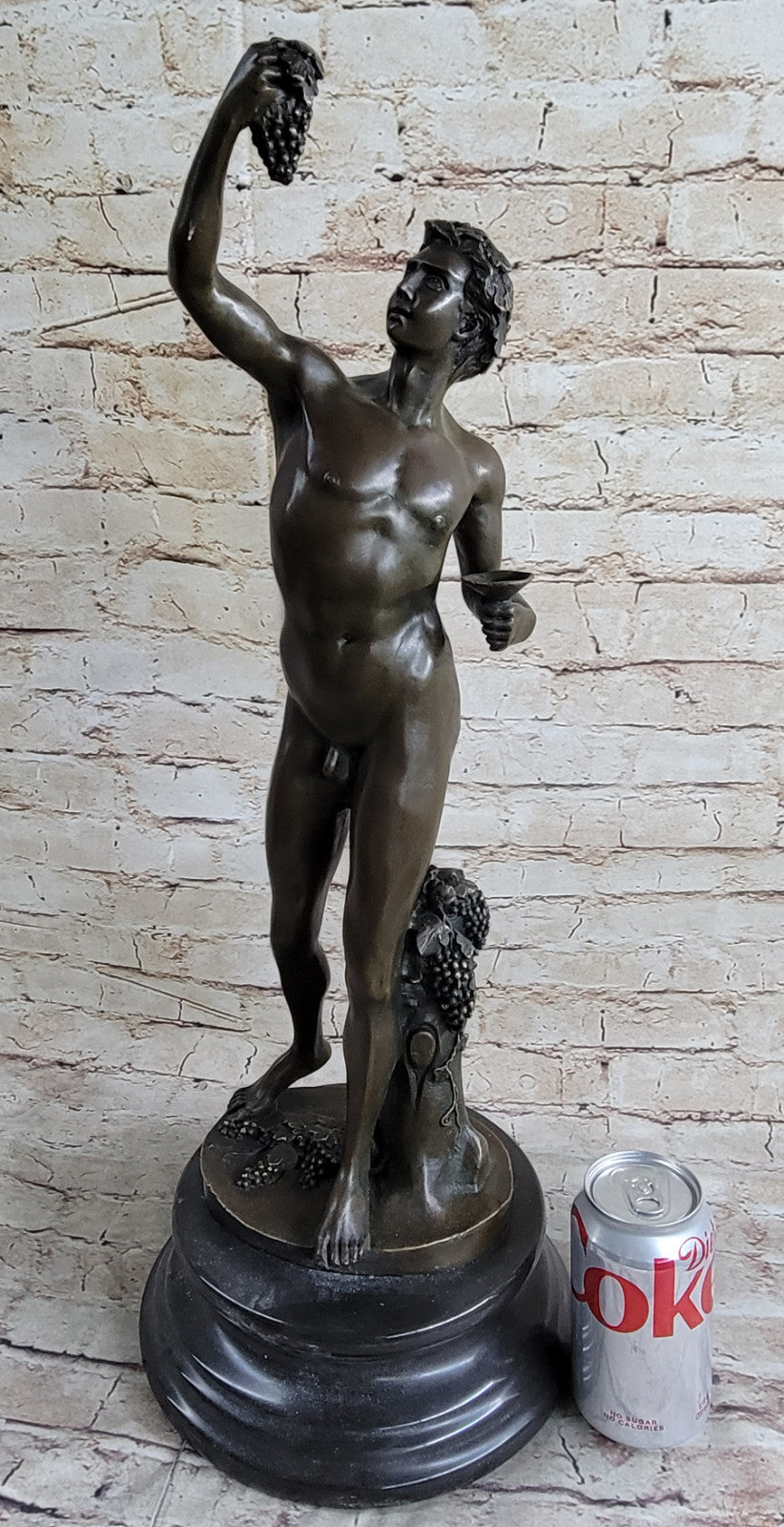 Lost Wax Bronze Nude Bacchus Dionysus Female Grapes Statue Sculpture Greek Art