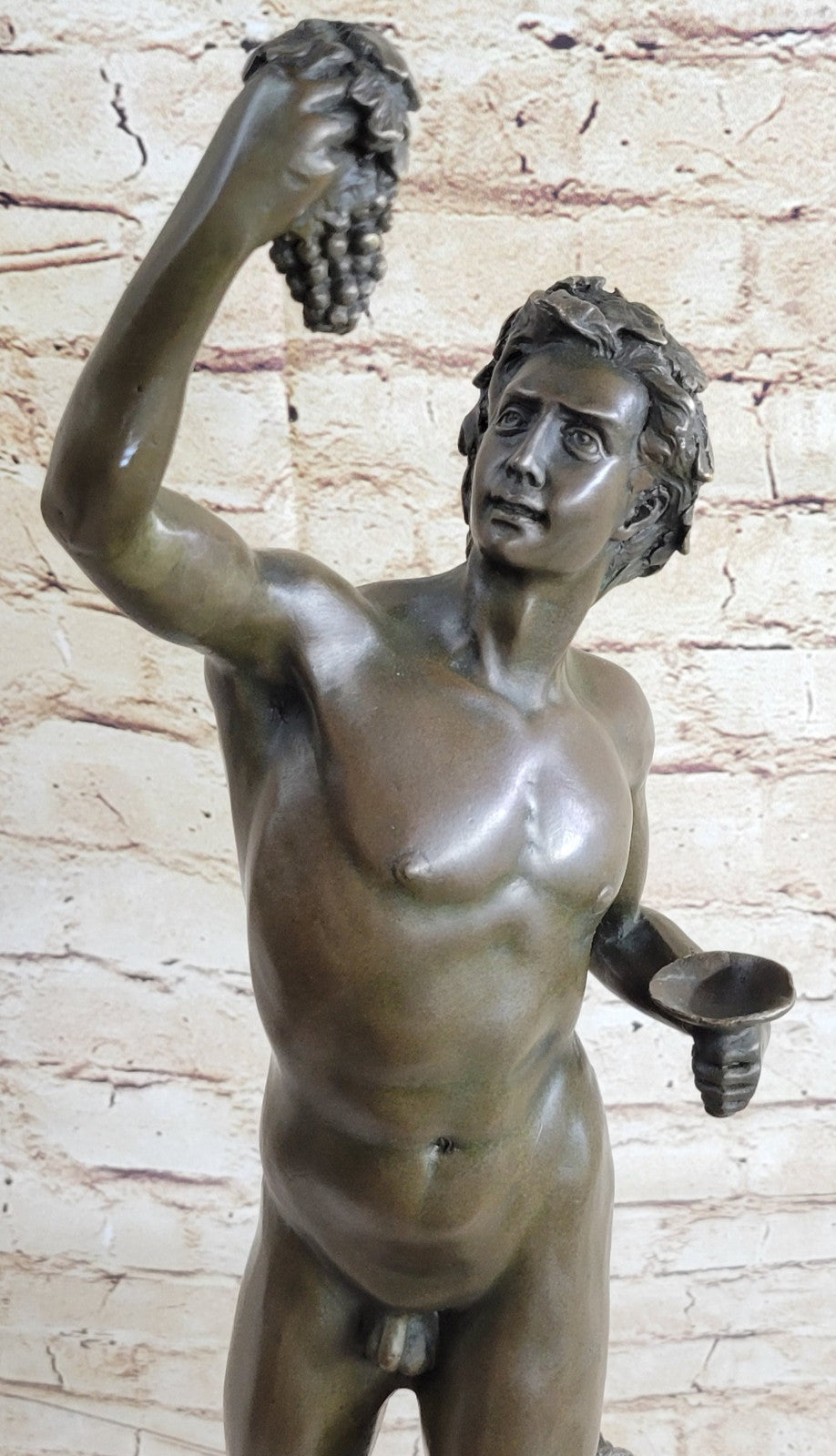 Lost Wax Bronze Nude Bacchus Dionysus Female Grapes Statue Sculpture Greek Art