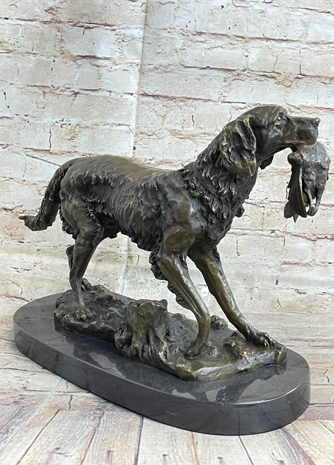 Hot Cast Handcrafted Golden Retriever Hunting Dog With Bird Bronze Sculpture