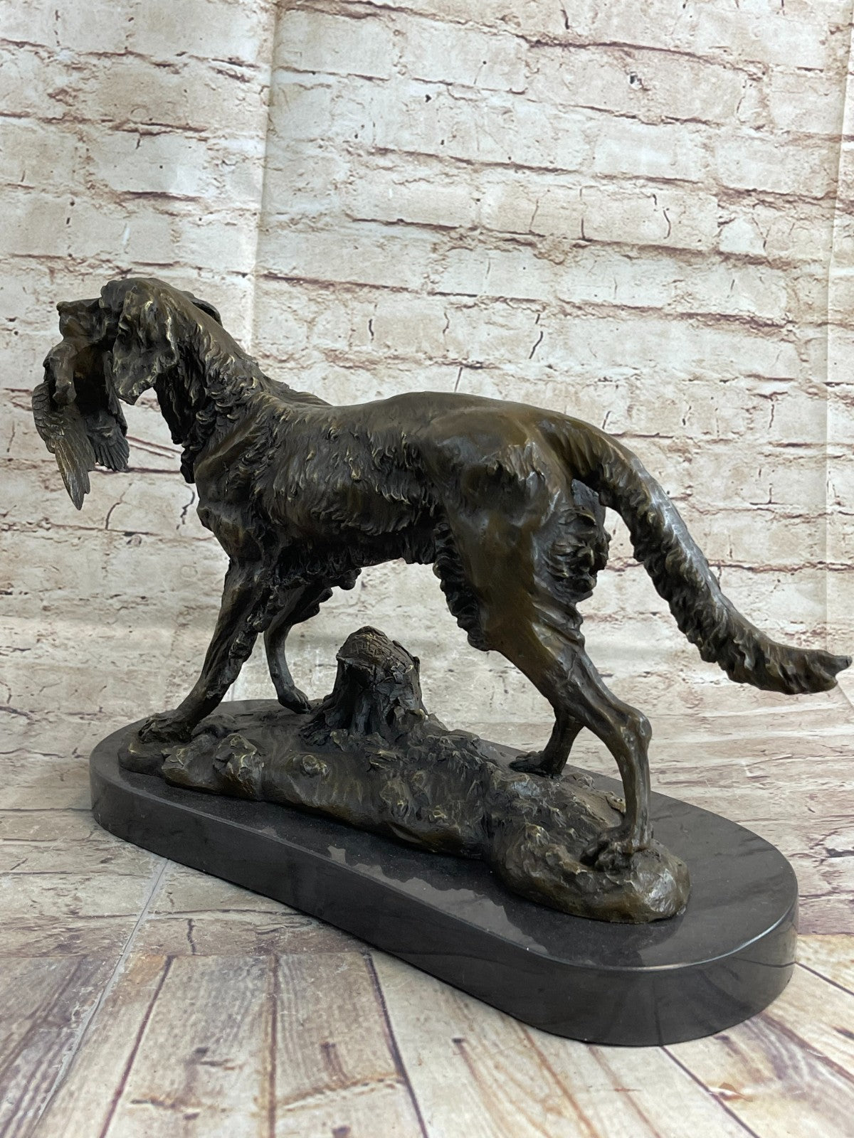 Hot Cast Handcrafted Golden Retriever Hunting Dog With Bird Bronze Sculpture