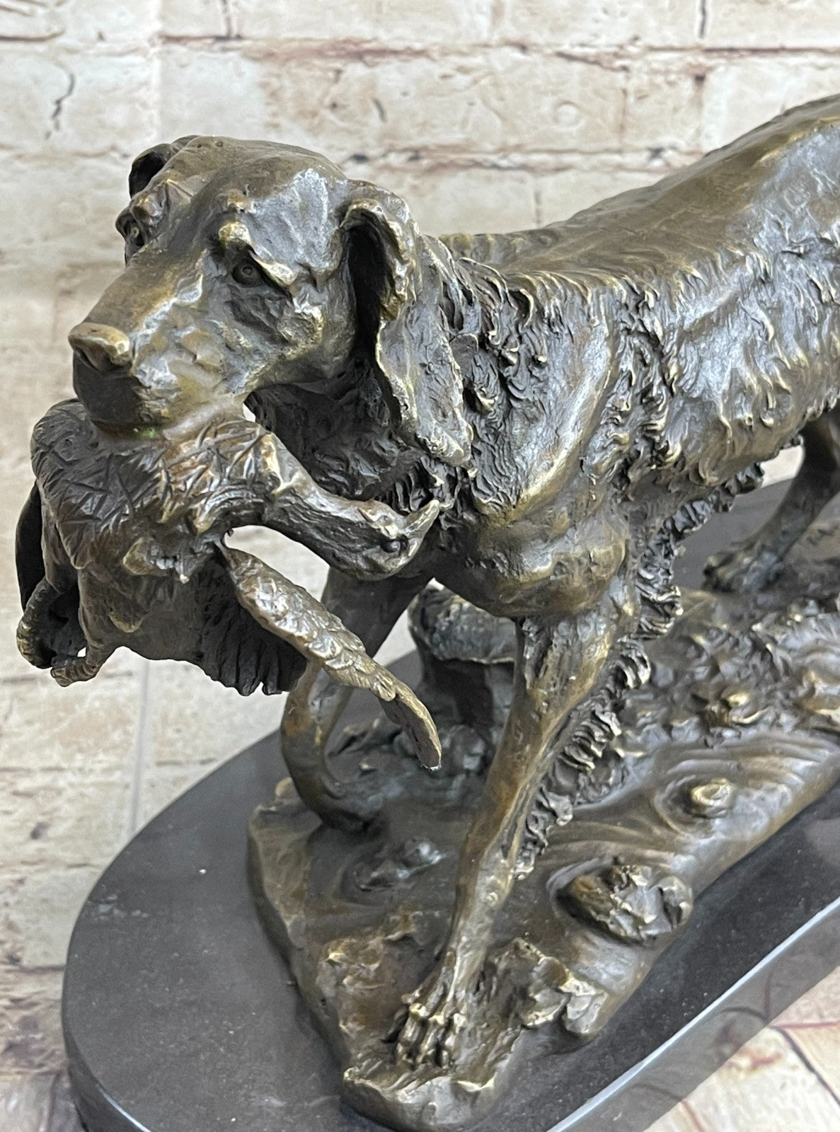 Hot Cast Handcrafted Golden Retriever Hunting Dog With Bird Bronze Sculpture