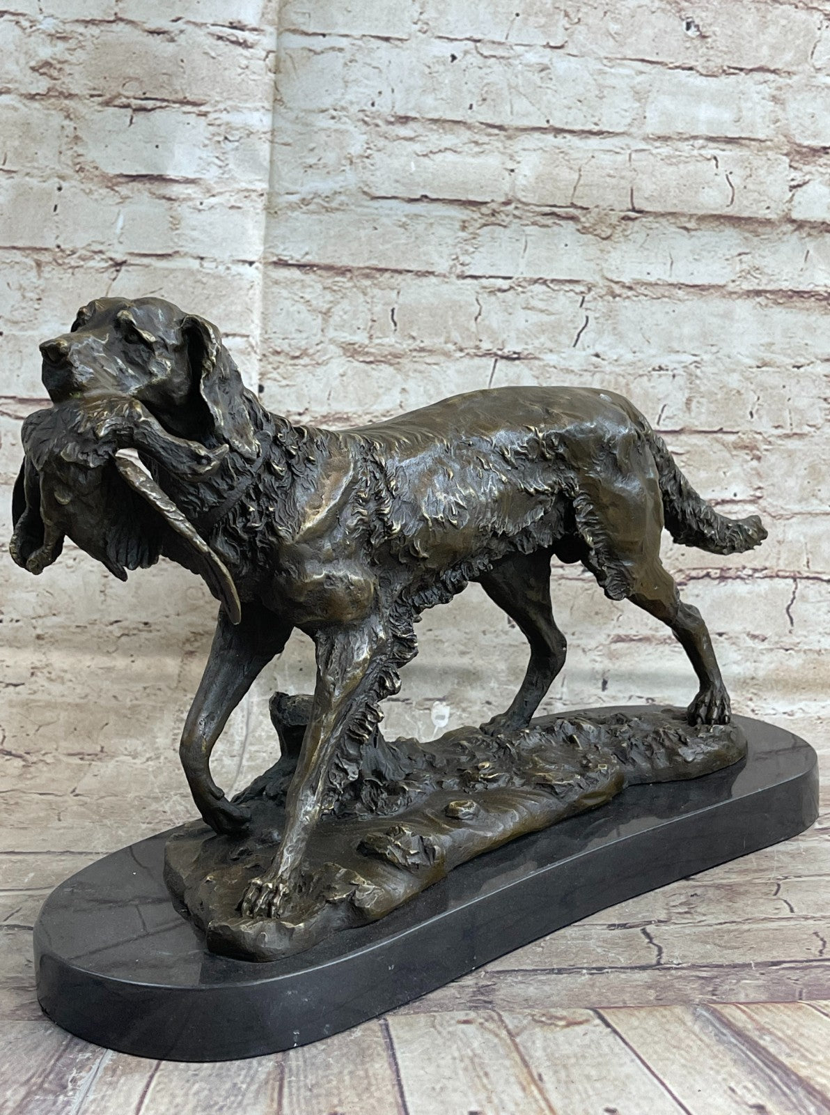 Hot Cast Handcrafted Golden Retriever Hunting Dog With Bird Bronze Sculpture