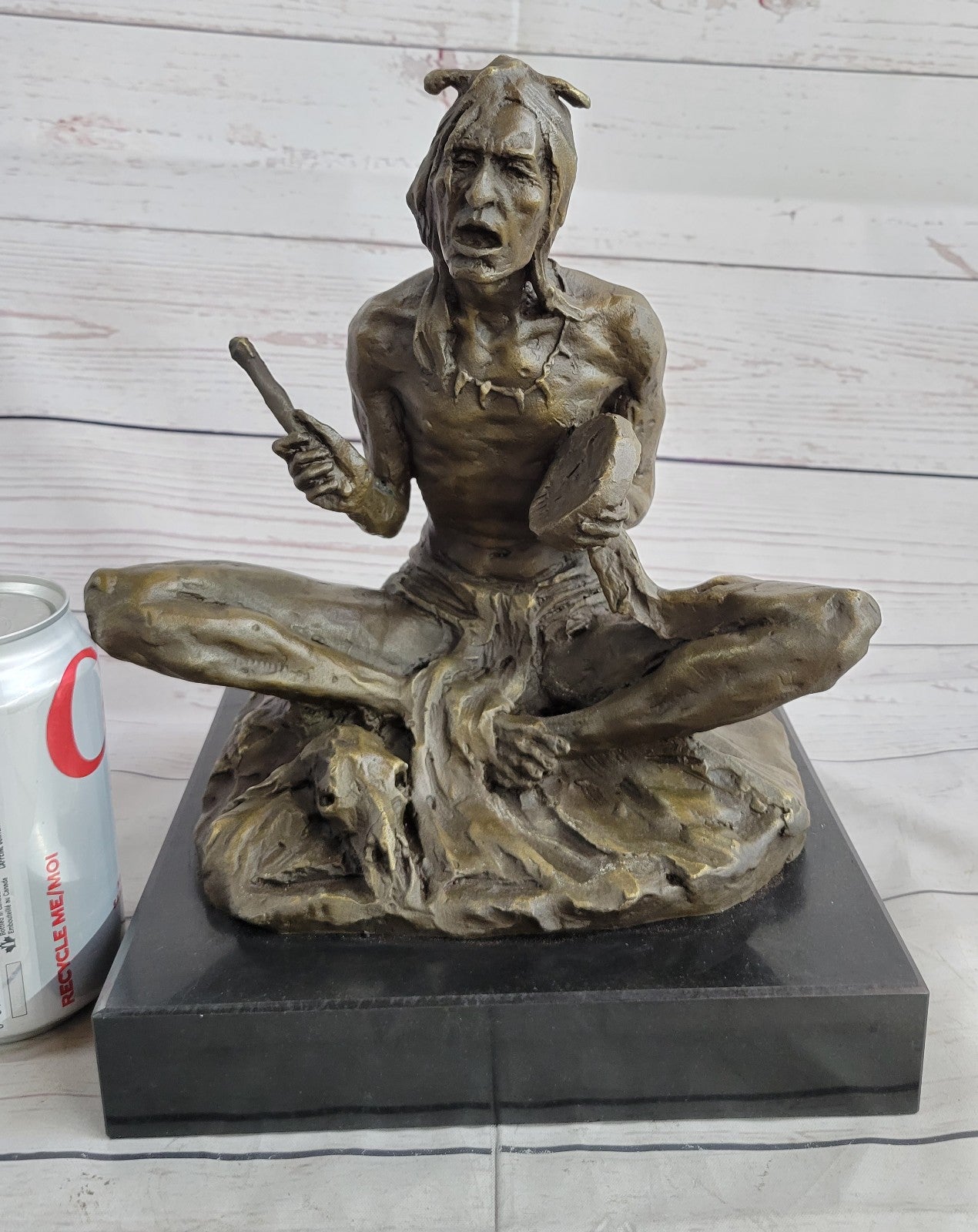 Large Bronze Sculpture - American Indian Chief Playing Ceremonial Drum 20 LBS