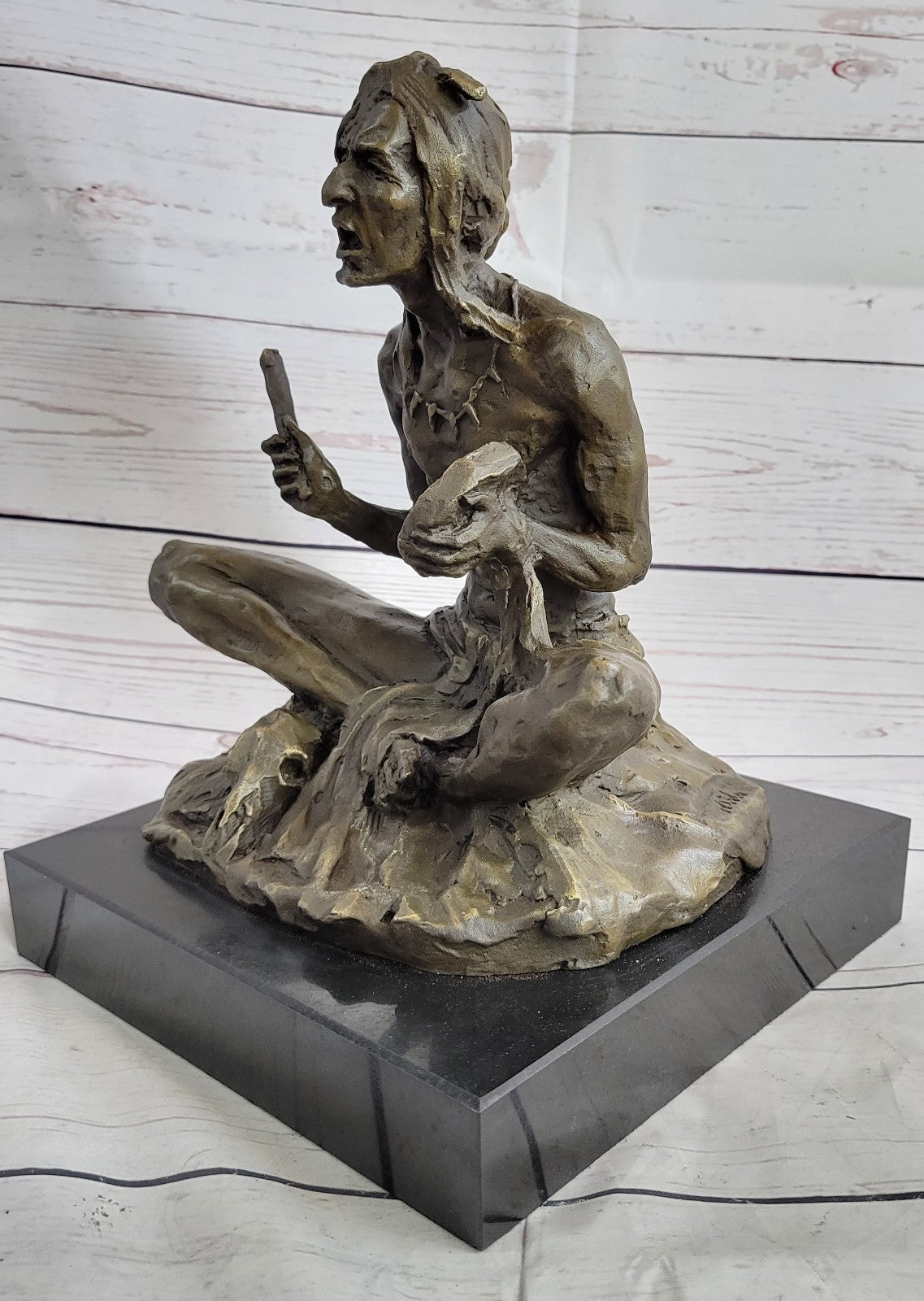 Large Bronze Sculpture - American Indian Chief Playing Ceremonial Drum 20 LBS