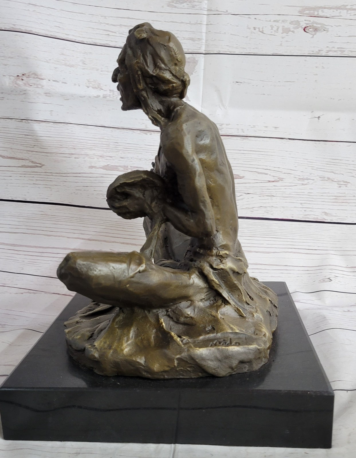 Large Bronze Sculpture - American Indian Chief Playing Ceremonial Drum 20 LBS