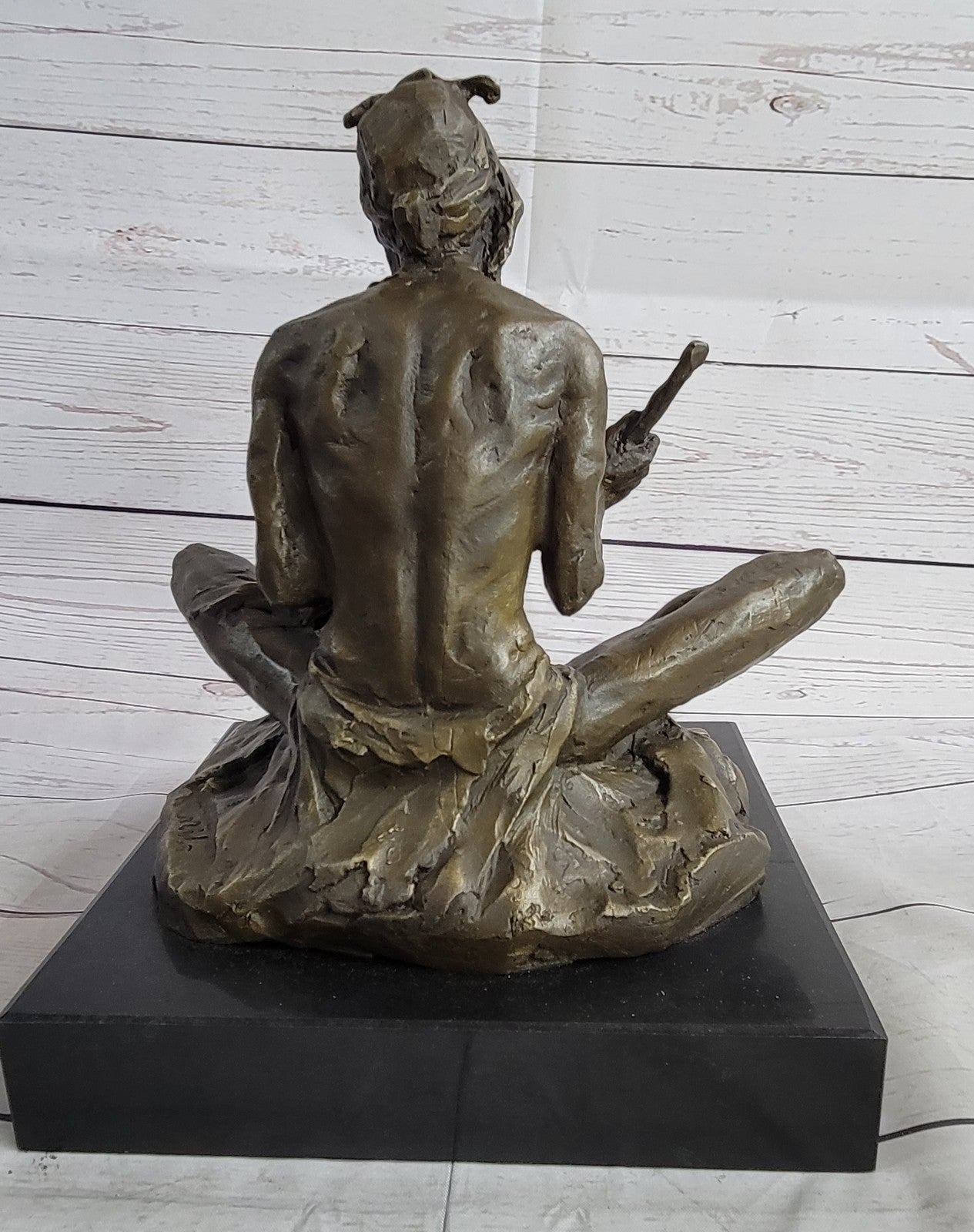 Large Bronze Sculpture - American Indian Chief Playing Ceremonial Drum 20 LBS