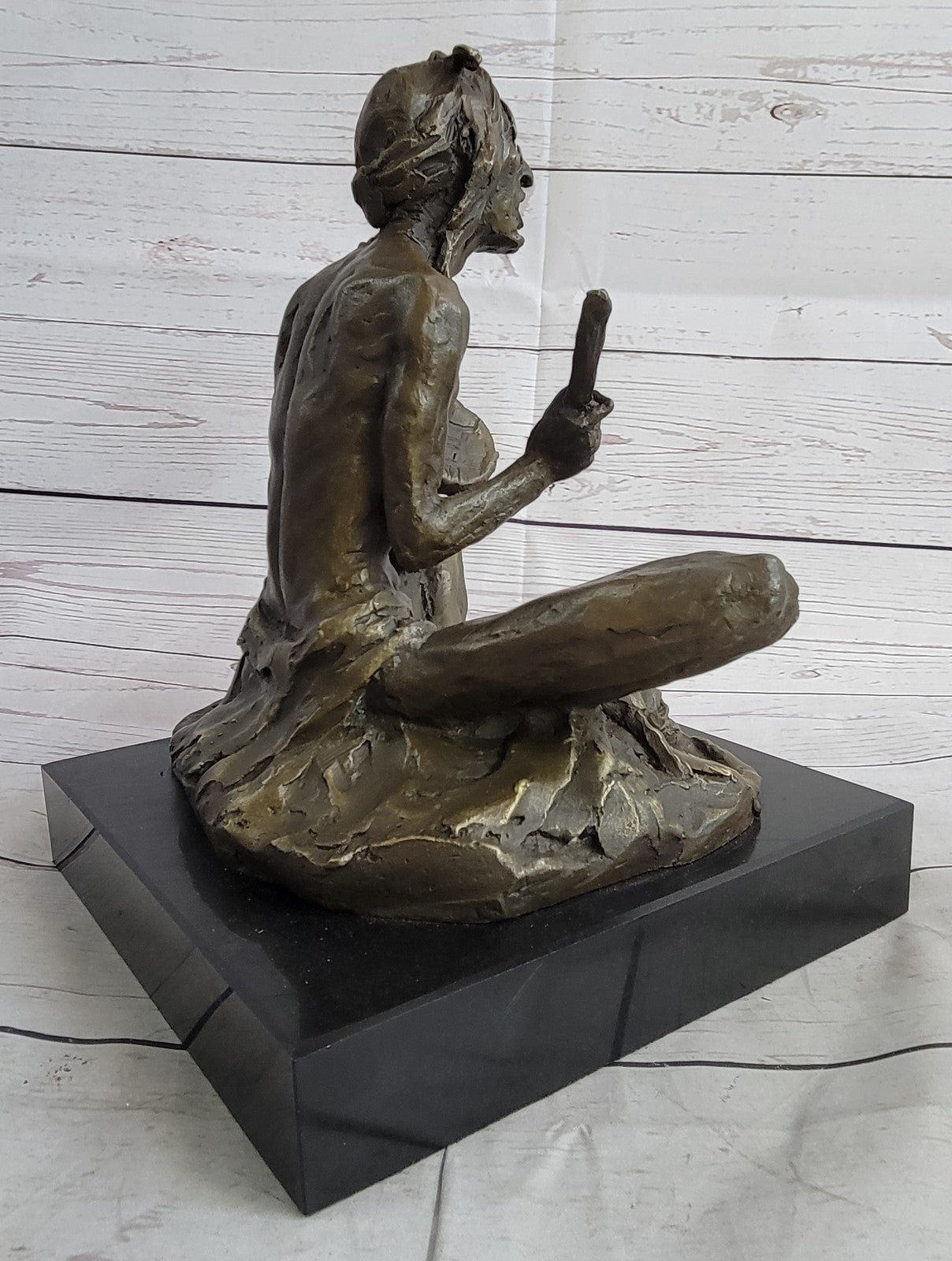 Large Bronze Sculpture - American Indian Chief Playing Ceremonial Drum 20 LBS