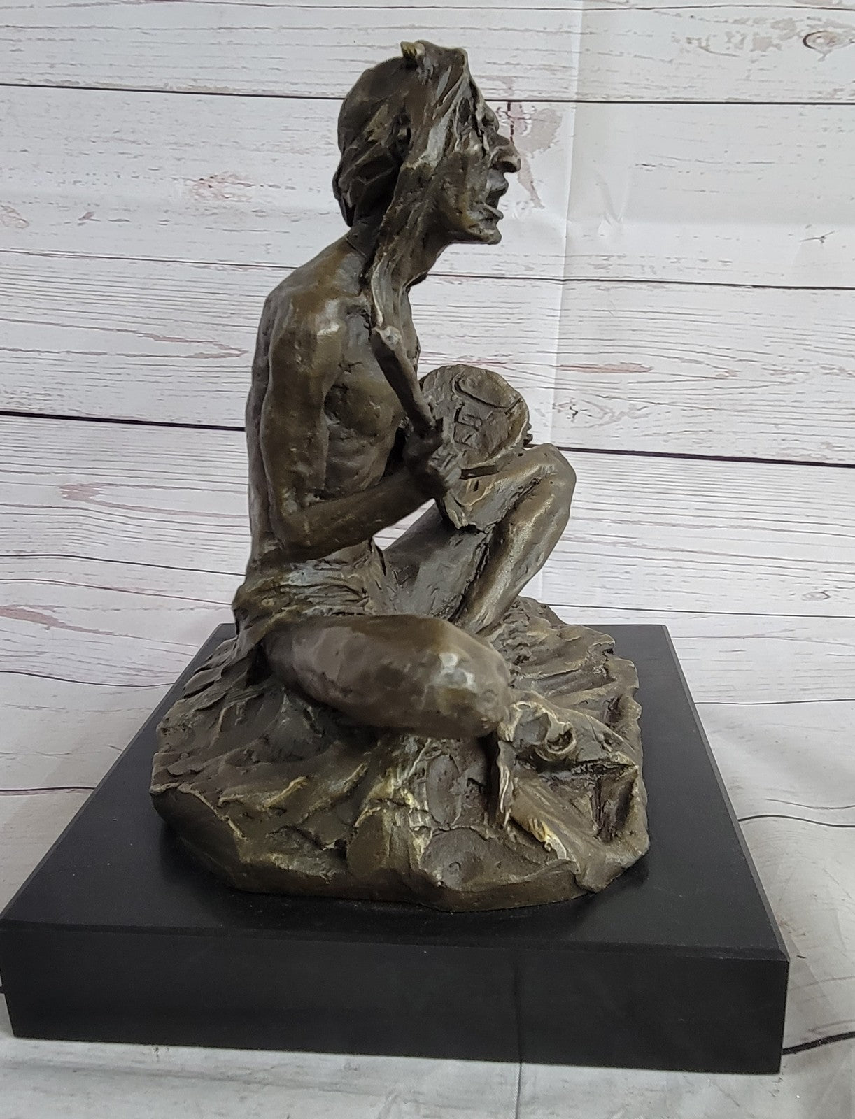 Large Bronze Sculpture - American Indian Chief Playing Ceremonial Drum 20 LBS