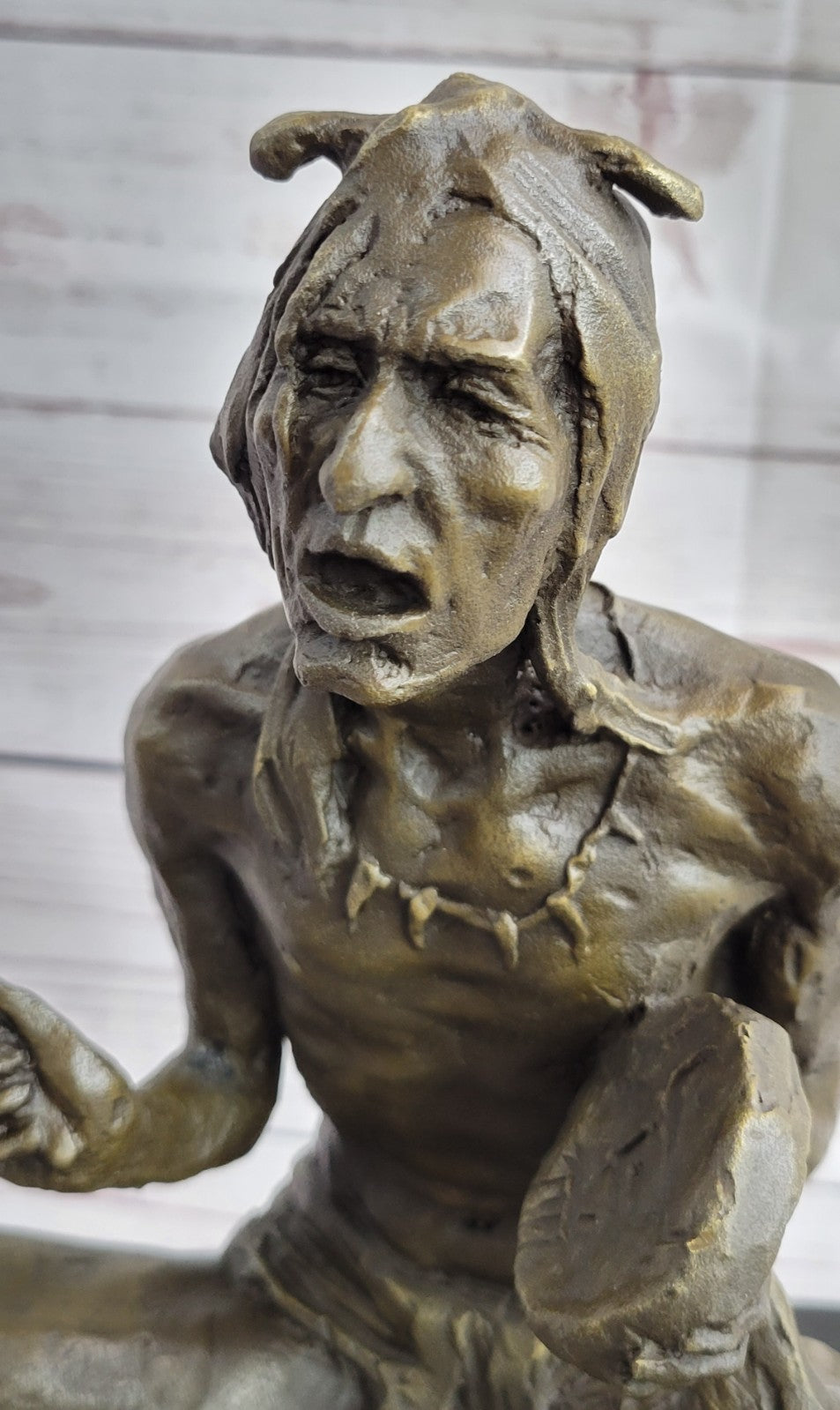 Large Bronze Sculpture - American Indian Chief Playing Ceremonial Drum 20 LBS