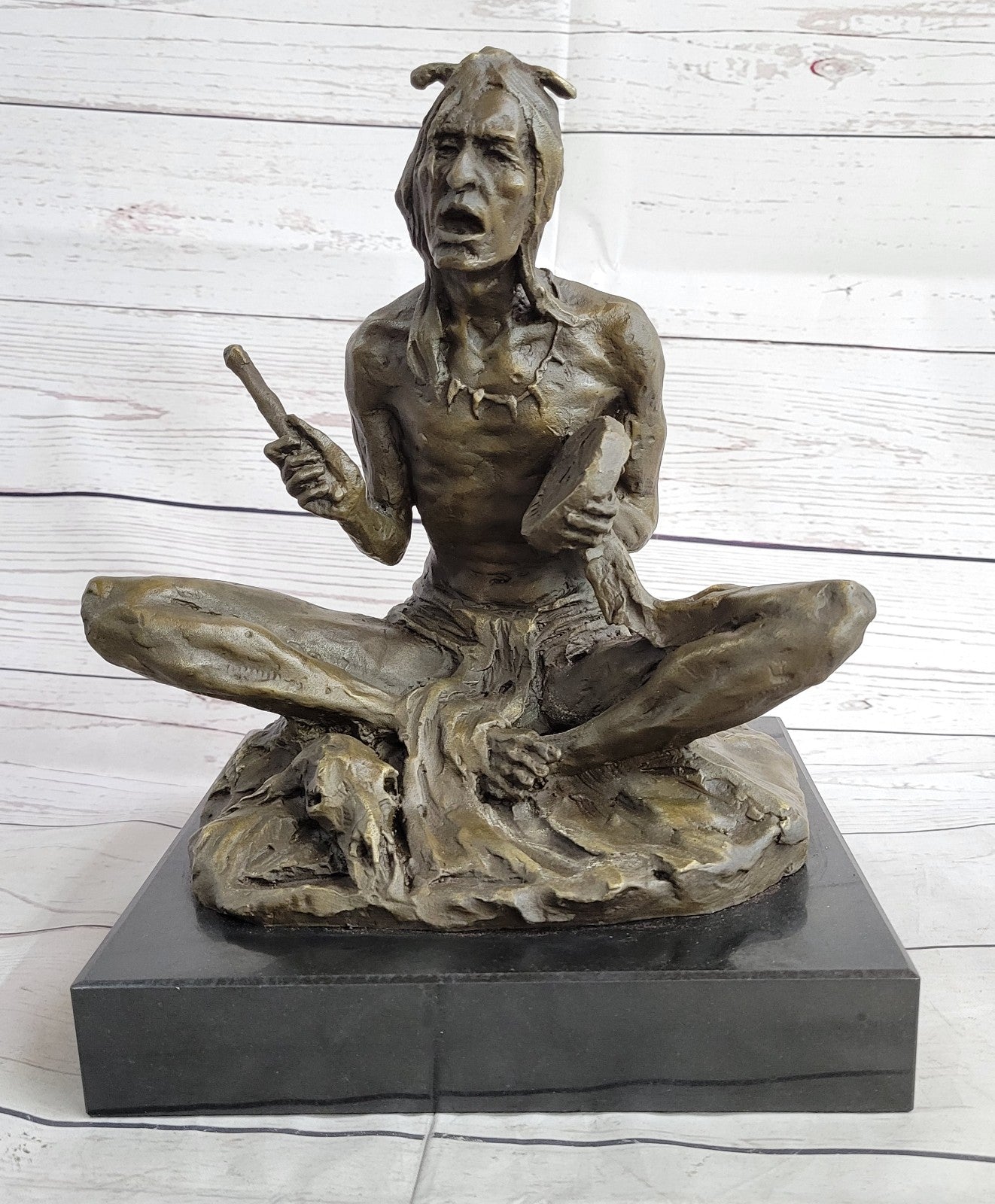 Large Bronze Sculpture - American Indian Chief Playing Ceremonial Drum 20 LBS