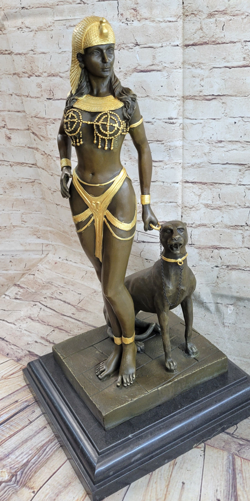 LADY mit PANTHER BRONZE KLEOPATRA AKT FIGUR sexy EGYPT QUEEN nackte FRAUENFIGUR