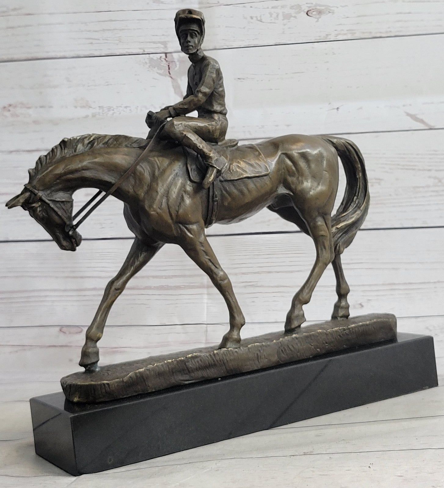 French Vintage Bronze Statue Sculpture Horse Jockey France circa 1970 Home Deco