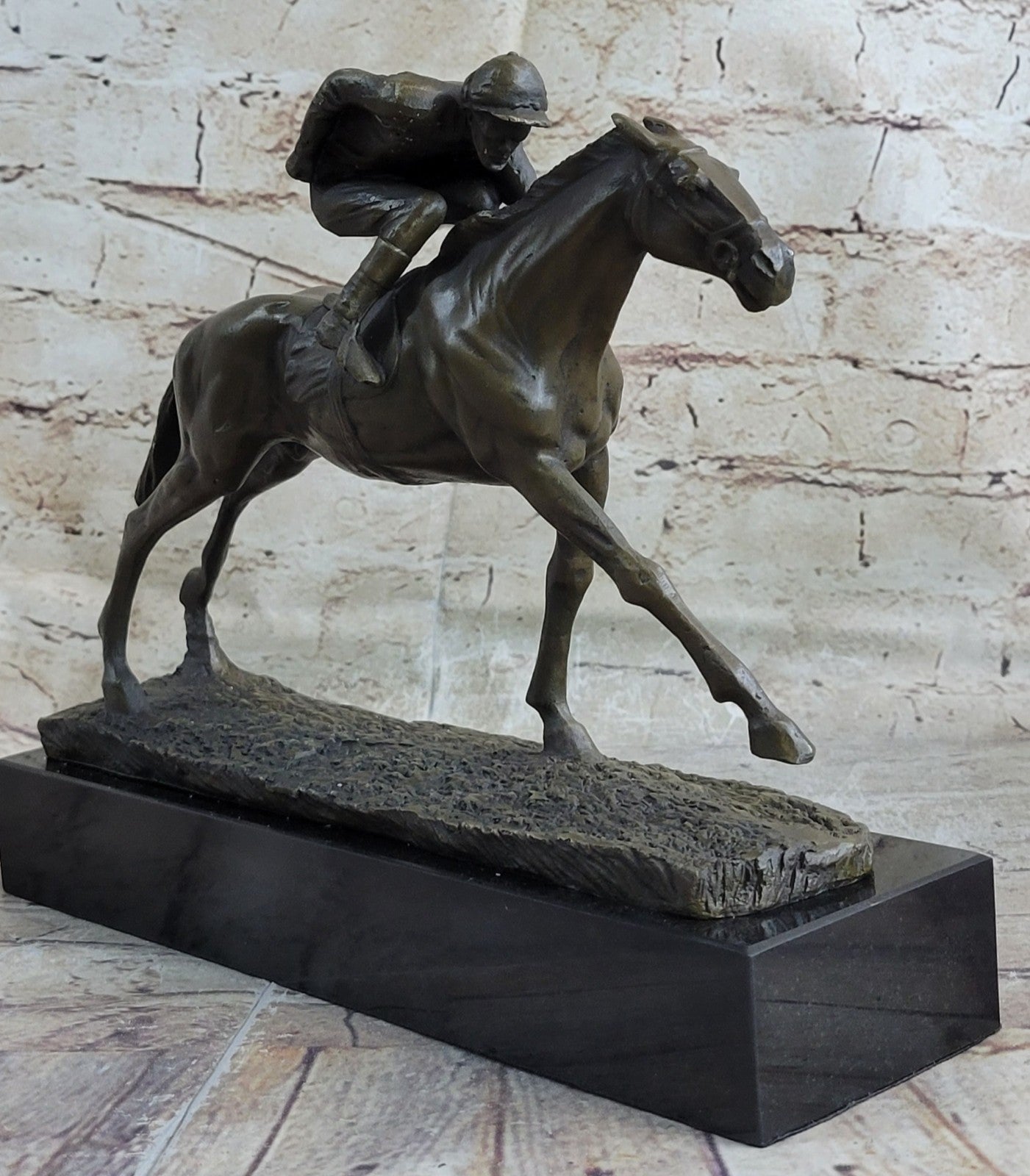 100% Bronze Sculpture Original  Signed Statue Of Jockey& Race Horse Office Trophy