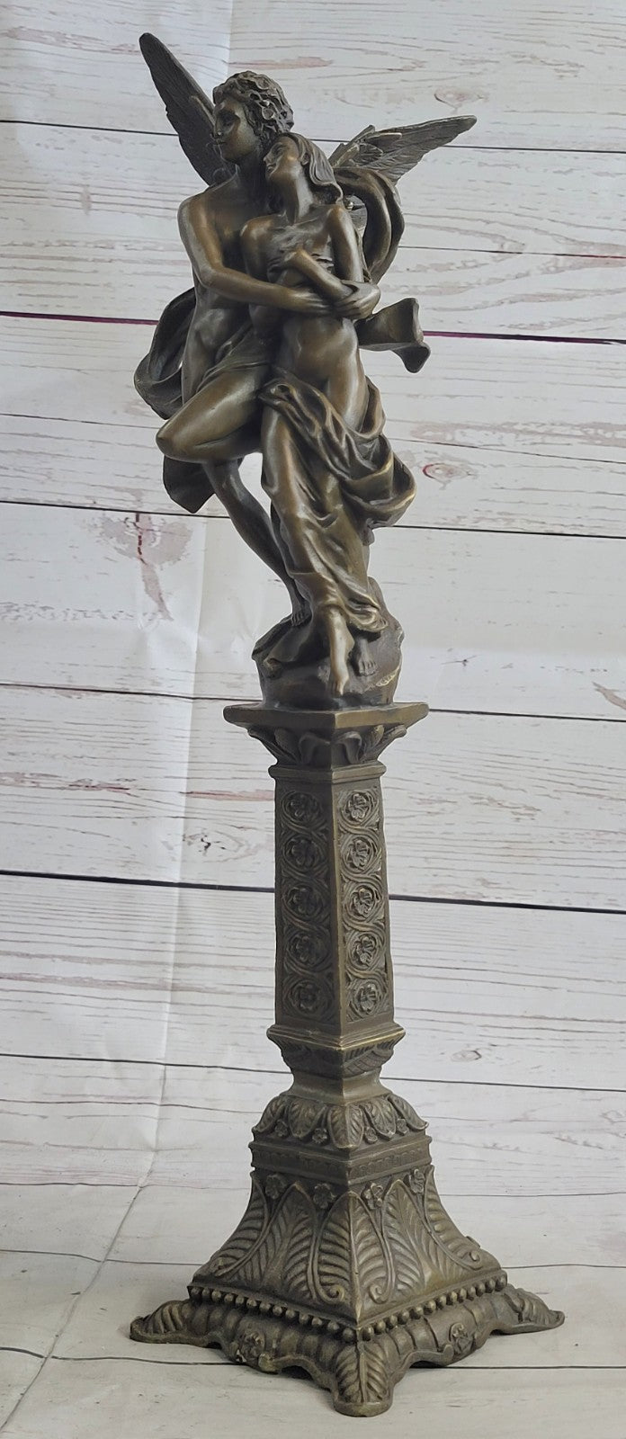 Tall Nude Male Angel Carries Girl Bronze Sculpture Art Nouveau Mythical Deco
