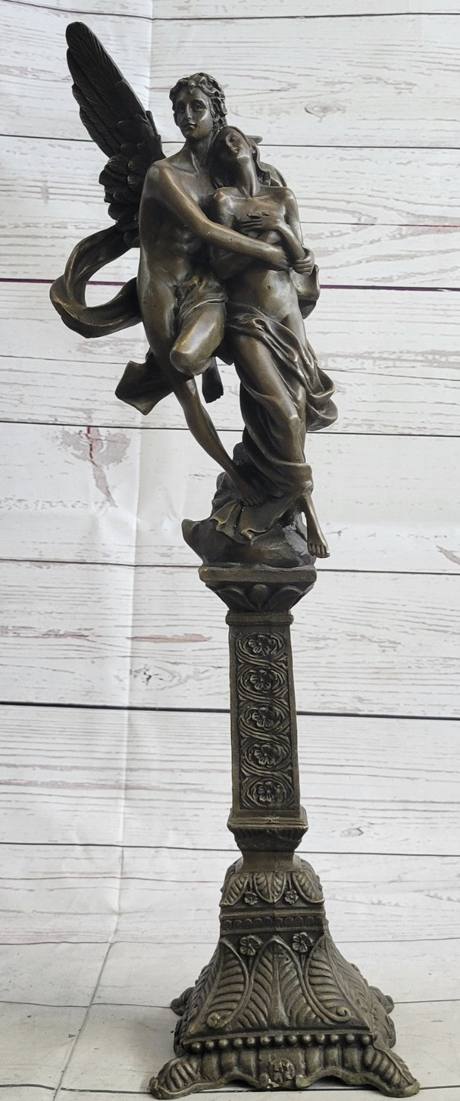 Tall Nude Male Angel Carries Girl Bronze Sculpture Art Nouveau Mythical Deco
