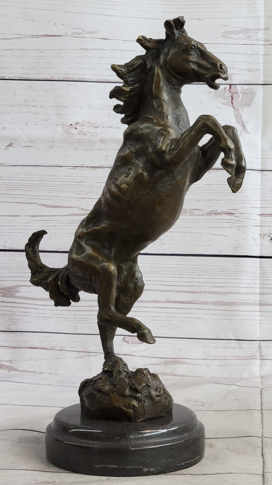 Signed Art Deco Rearing Horse Bronze Sculpture Marble Base Statue Lost Wax